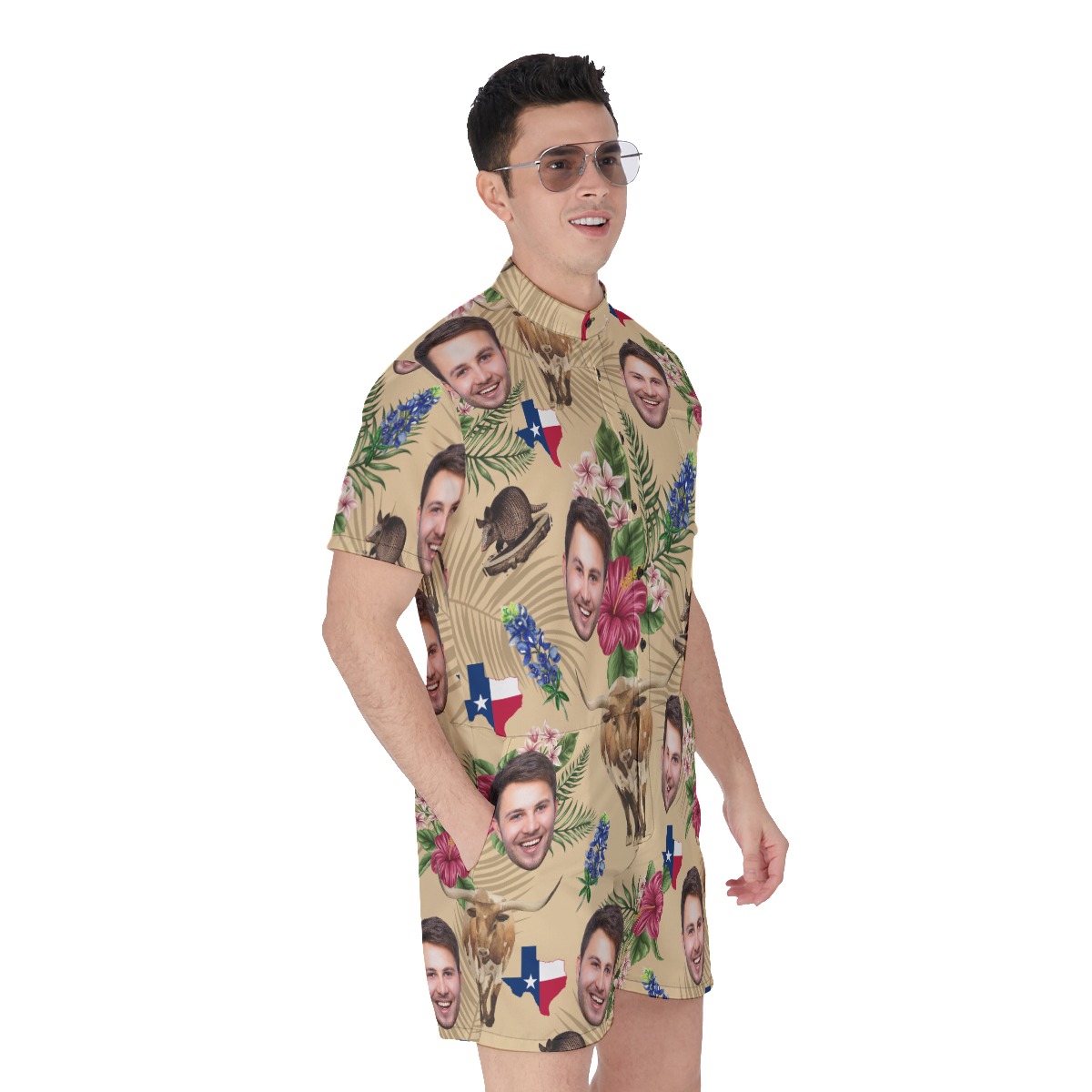 Custom Face Texas Longhorns Floral Hawaiian Romper For Men