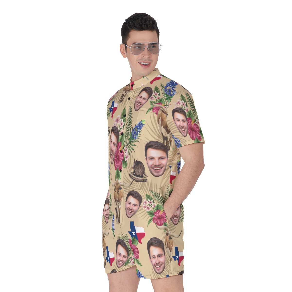Custom Face Texas Longhorns Floral Hawaiian Romper For Men