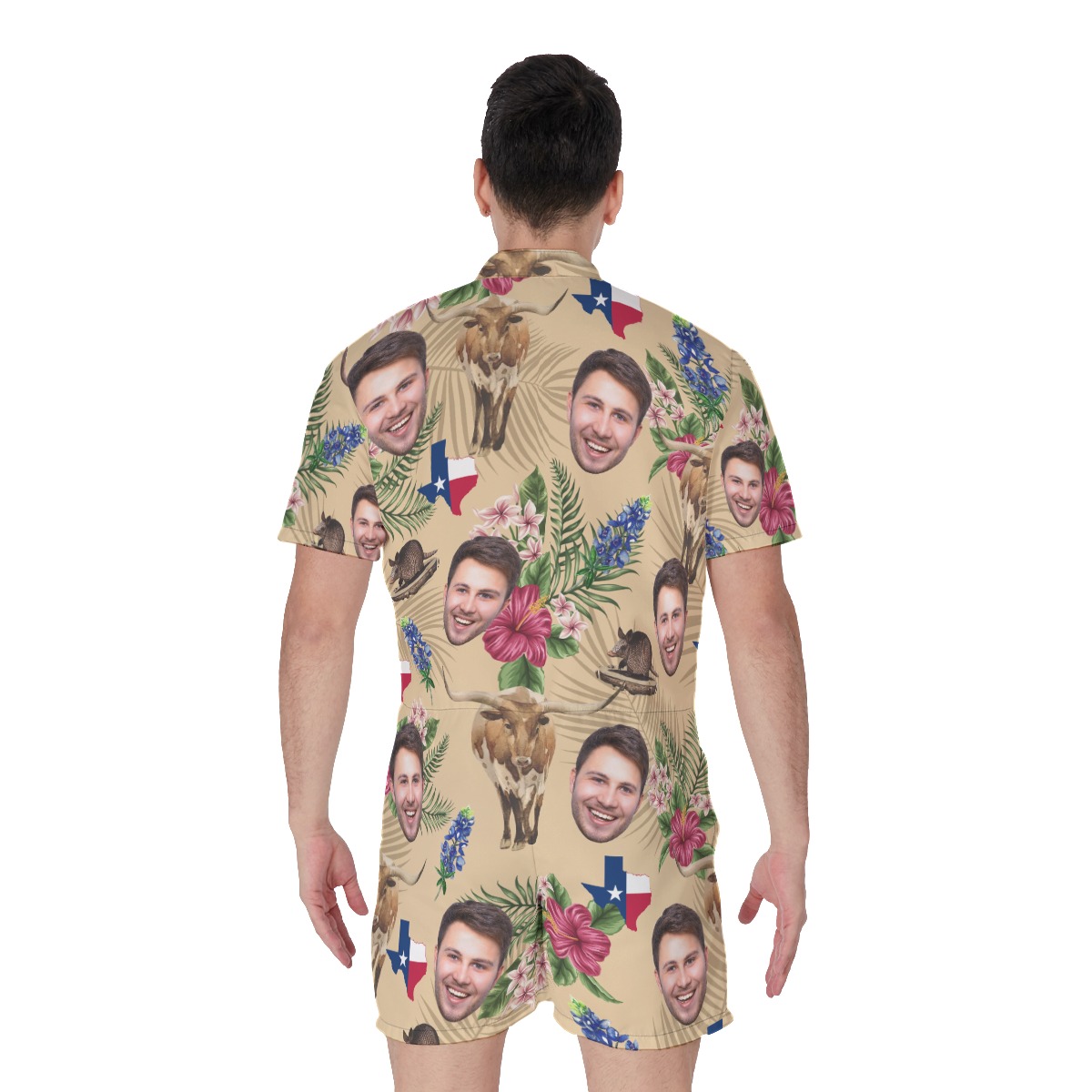 Custom Face Texas Longhorns Floral Hawaiian Romper For Men