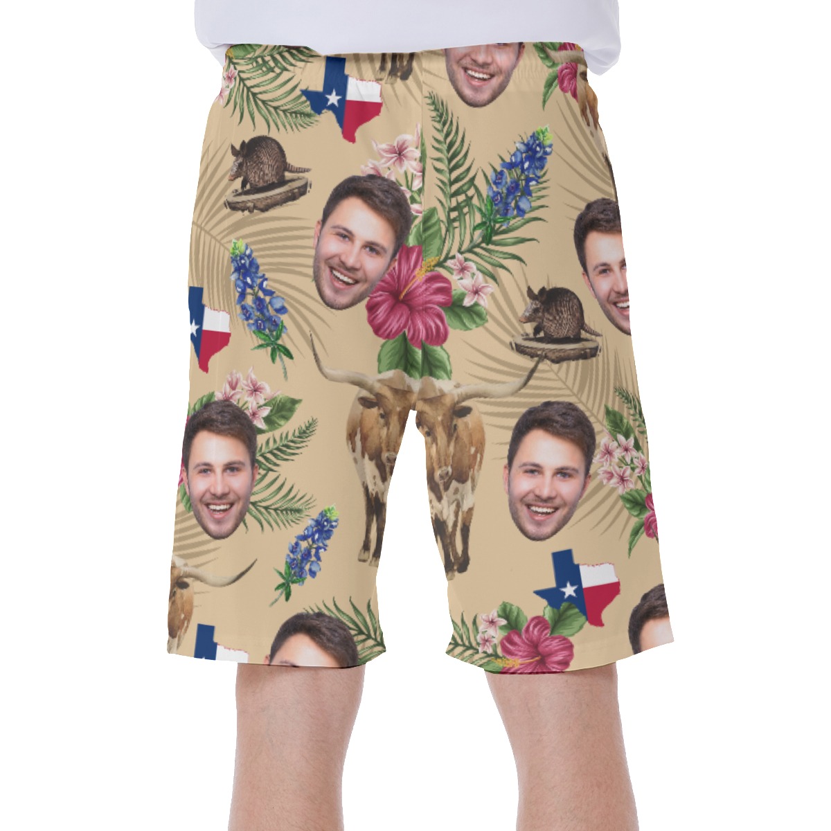 Texas Longhorns Floral Custom Face Hawaiian Swim Trunks For Men