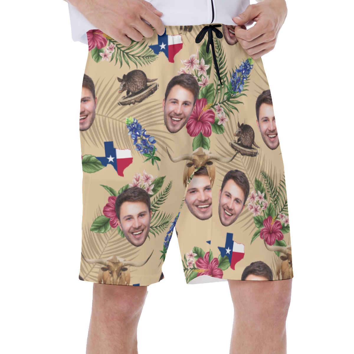 Texas Longhorns Floral Custom Face Hawaiian Swim Trunks For Men