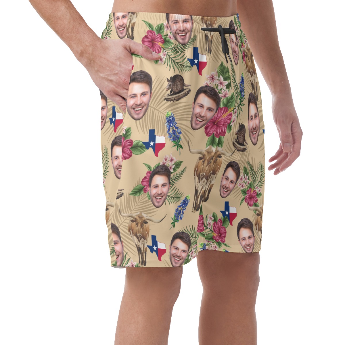 Funny Texas Flag Floral Custom Face Hawaiian Beach Shorts For Men
