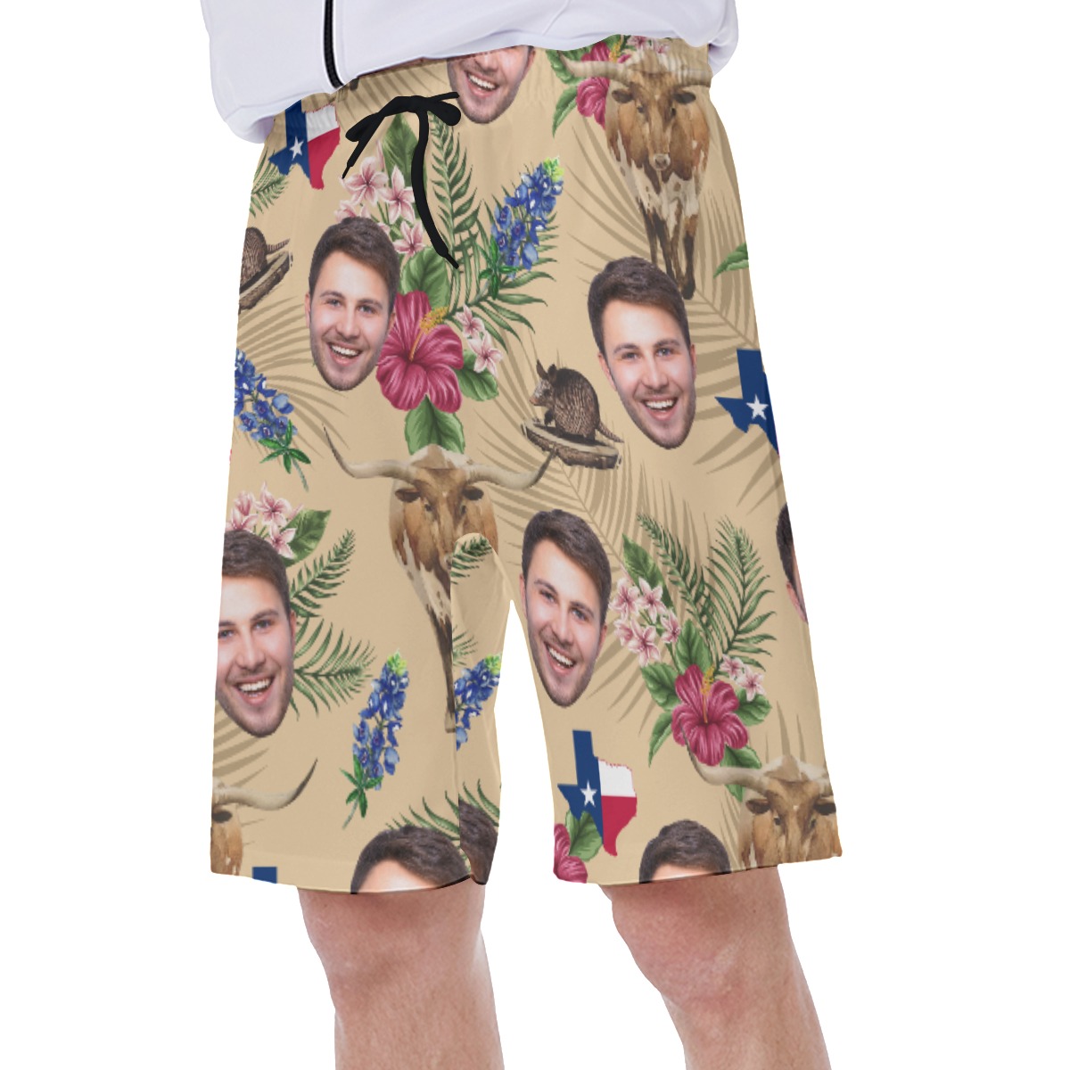 Texas Longhorns Floral Custom Face Hawaiian Swim Trunks For Men