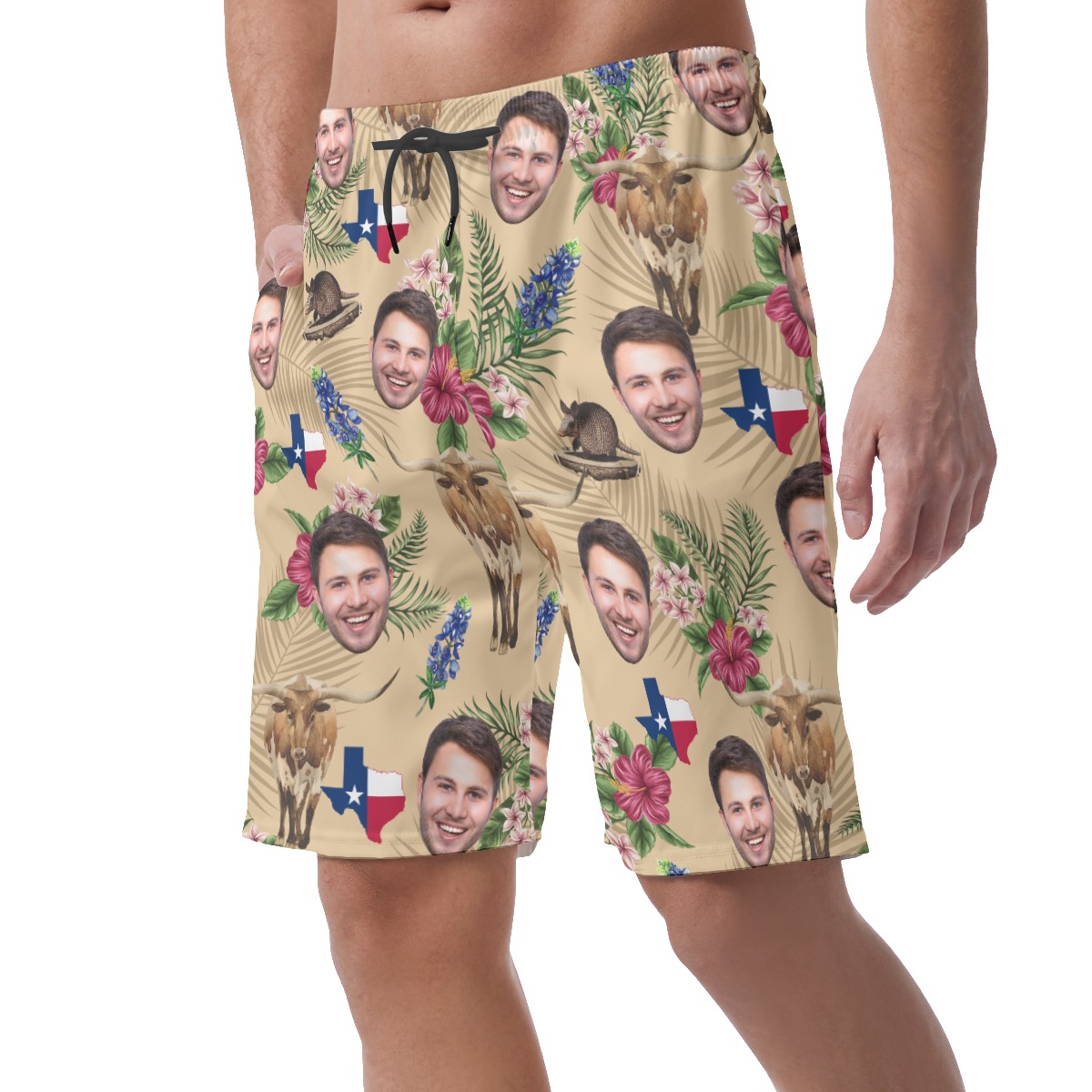 Funny Texas Flag Floral Custom Face Hawaiian Beach Shorts For Men