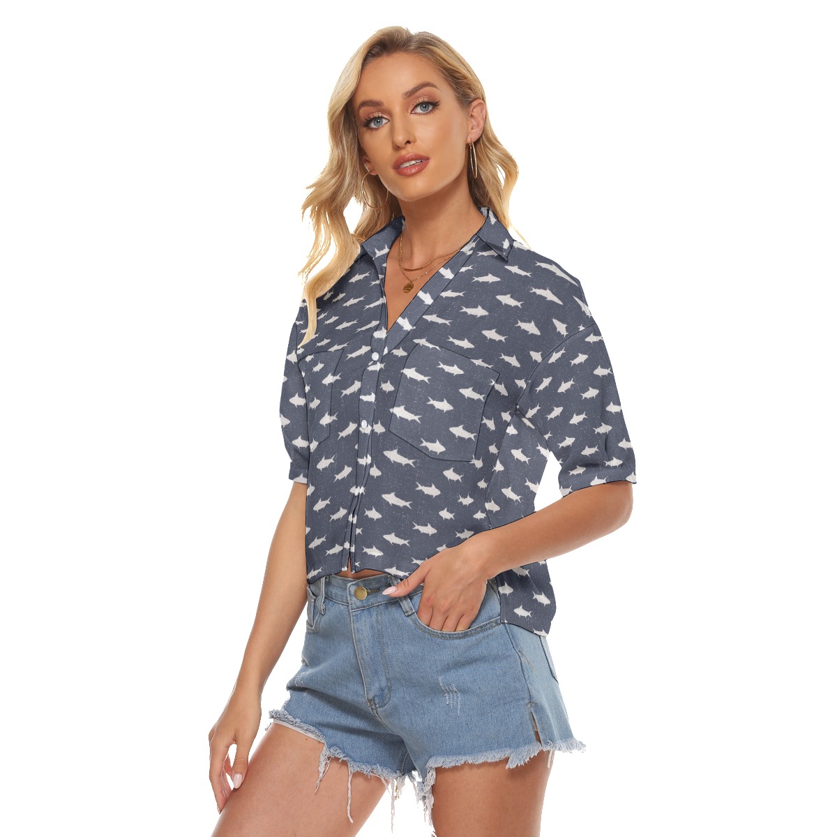 Shark Hawaiian Cropped Shirt For Women