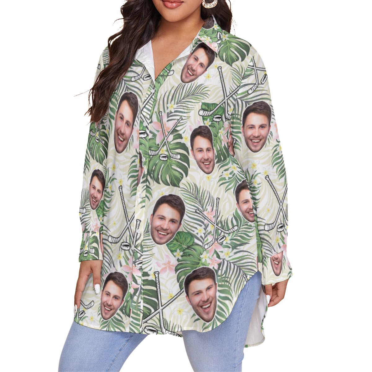 Custom Face Hockey Tropical Hawaiian Plus Size Shirt For Women