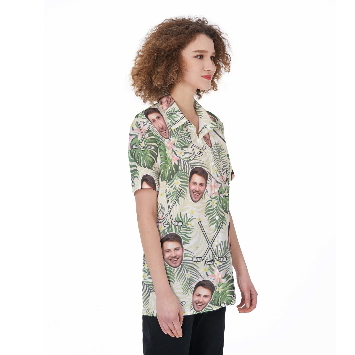 Funny Custom Face Hockey Floral Hawaiian Shirt For Women