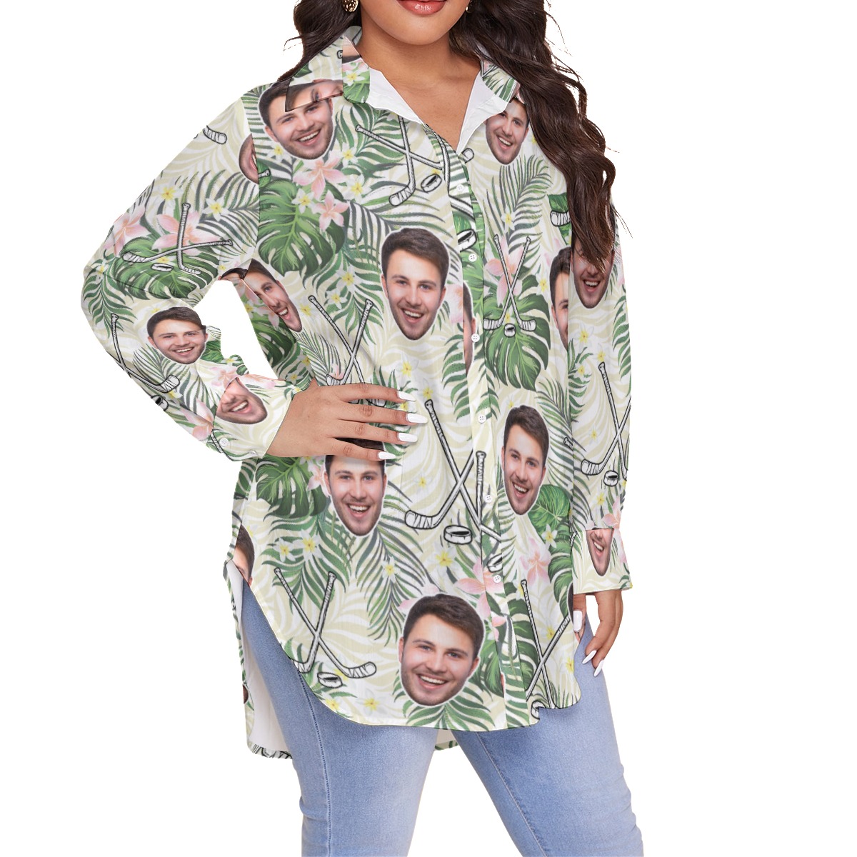 Custom Face Hockey Tropical Hawaiian Plus Size Shirt For Women