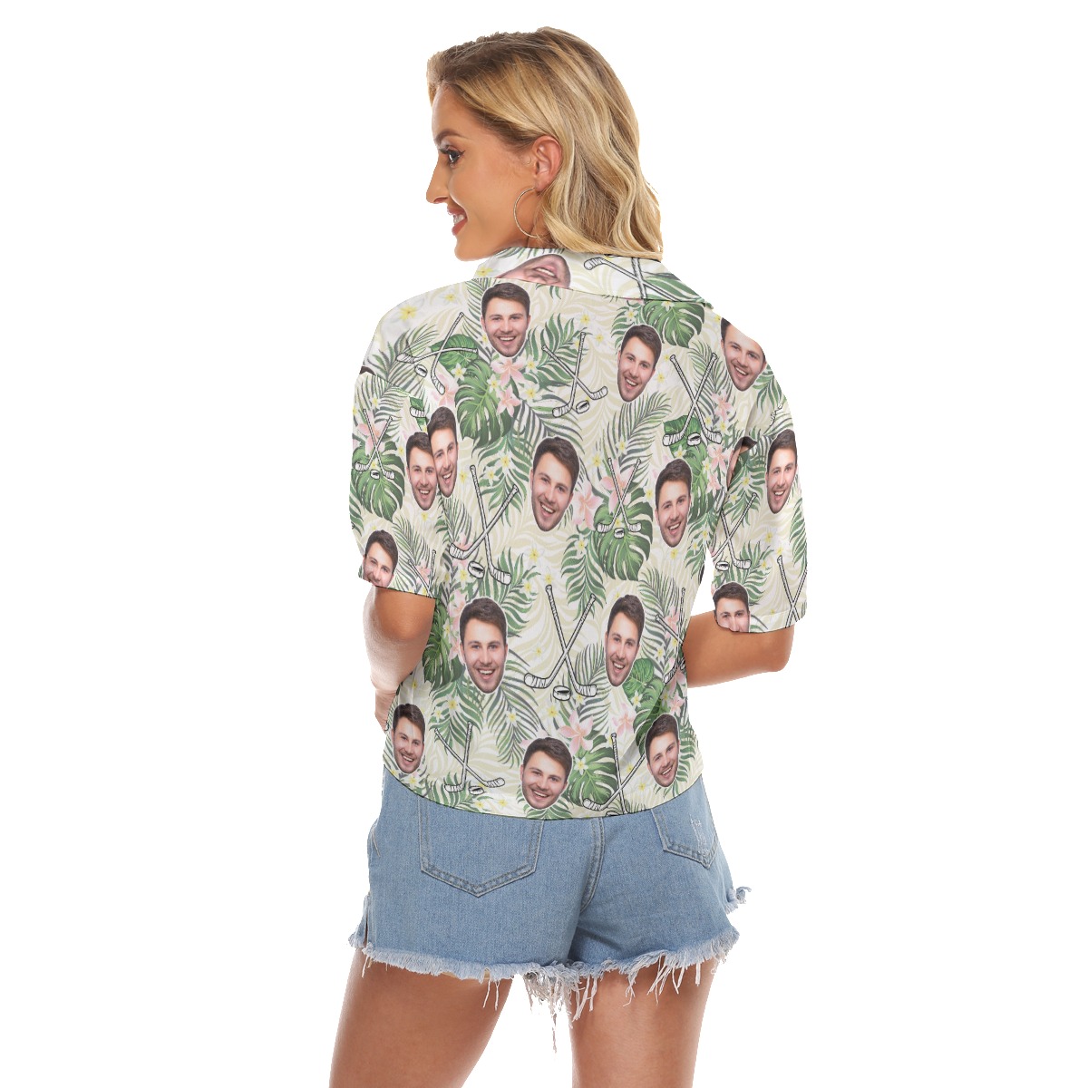 Funny Custom Face Hockey Floral Hawaiian Cropped Shirt For Women