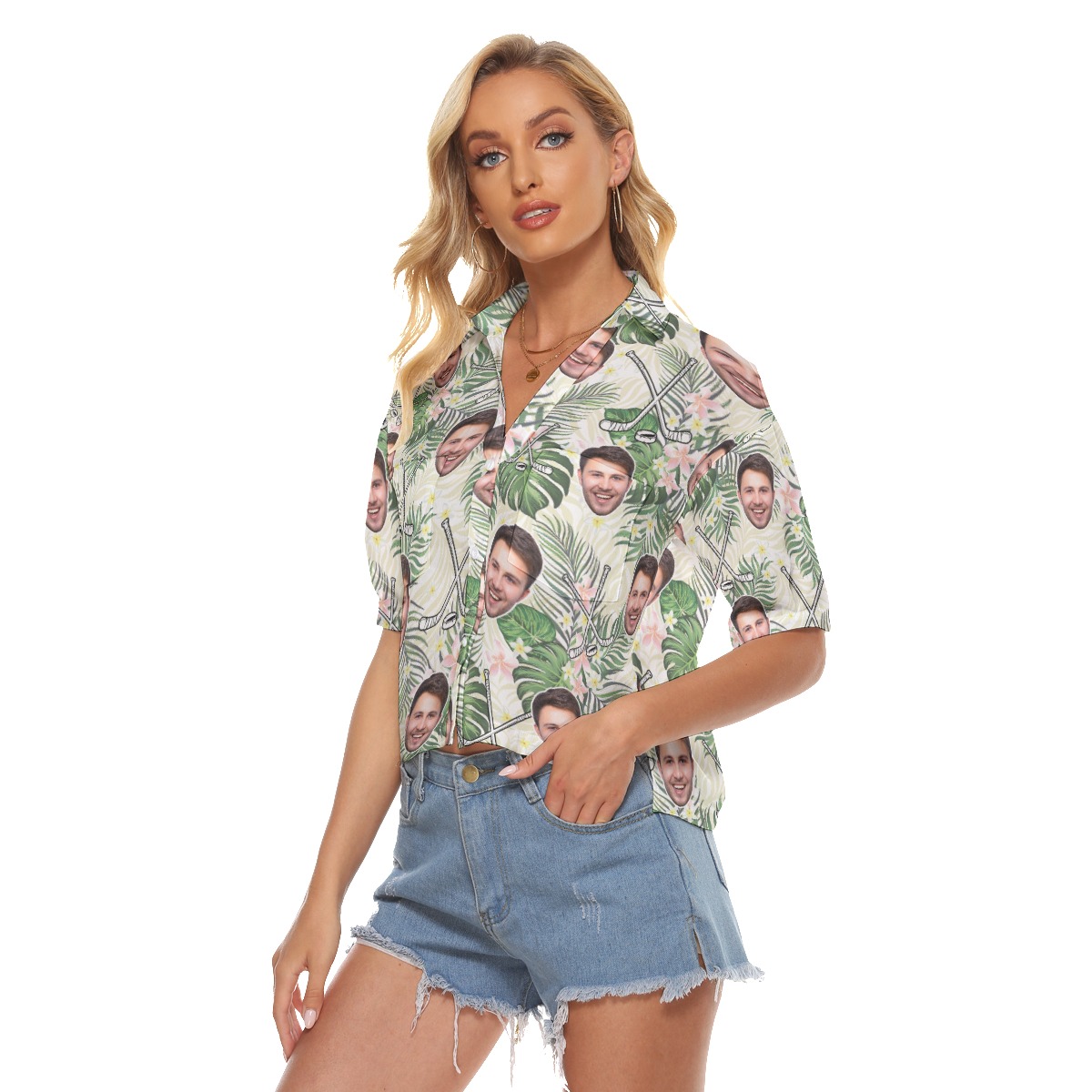 Funny Custom Face Hockey Floral Hawaiian Cropped Shirt For Women