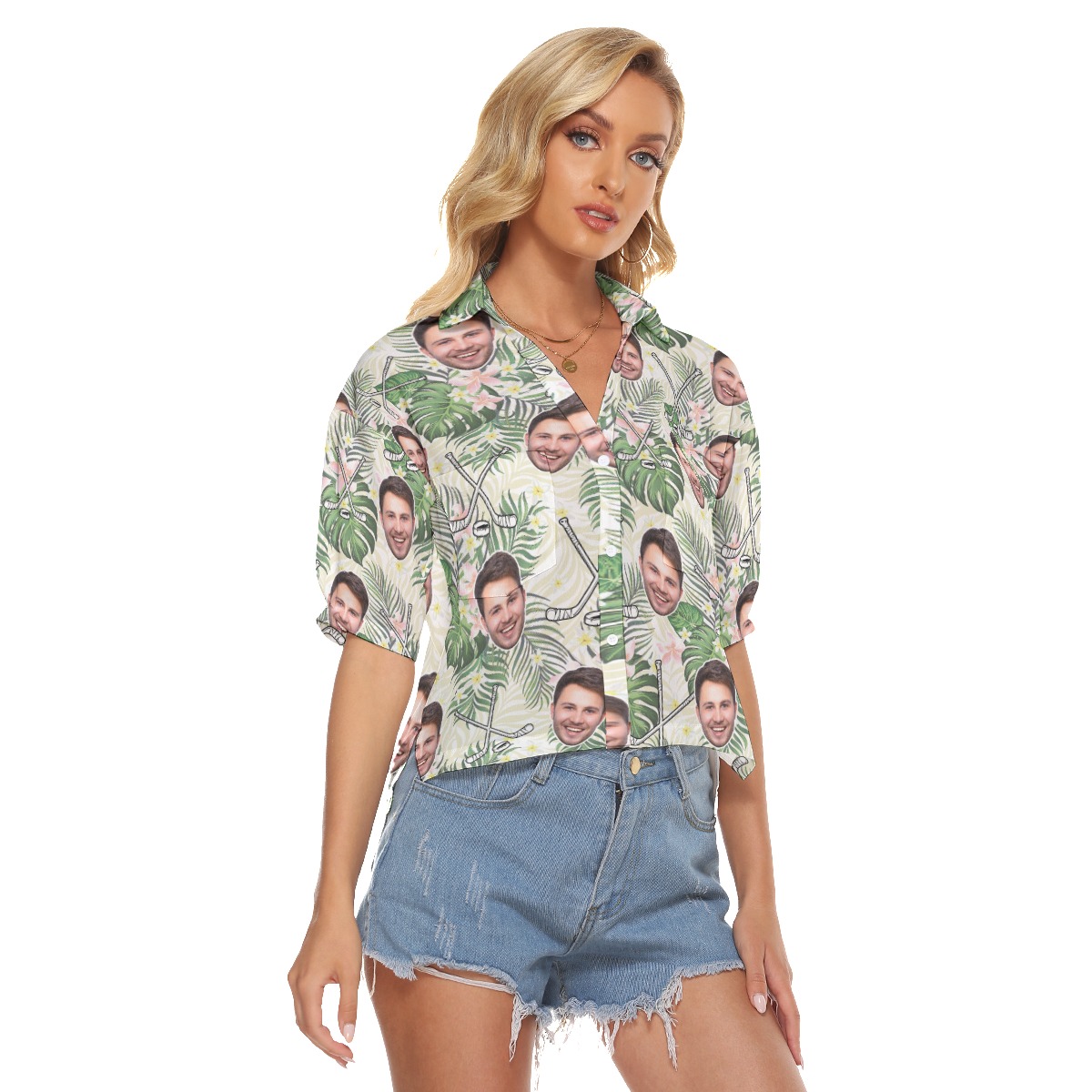 Funny Custom Face Hockey Floral Hawaiian Cropped Shirt For Women
