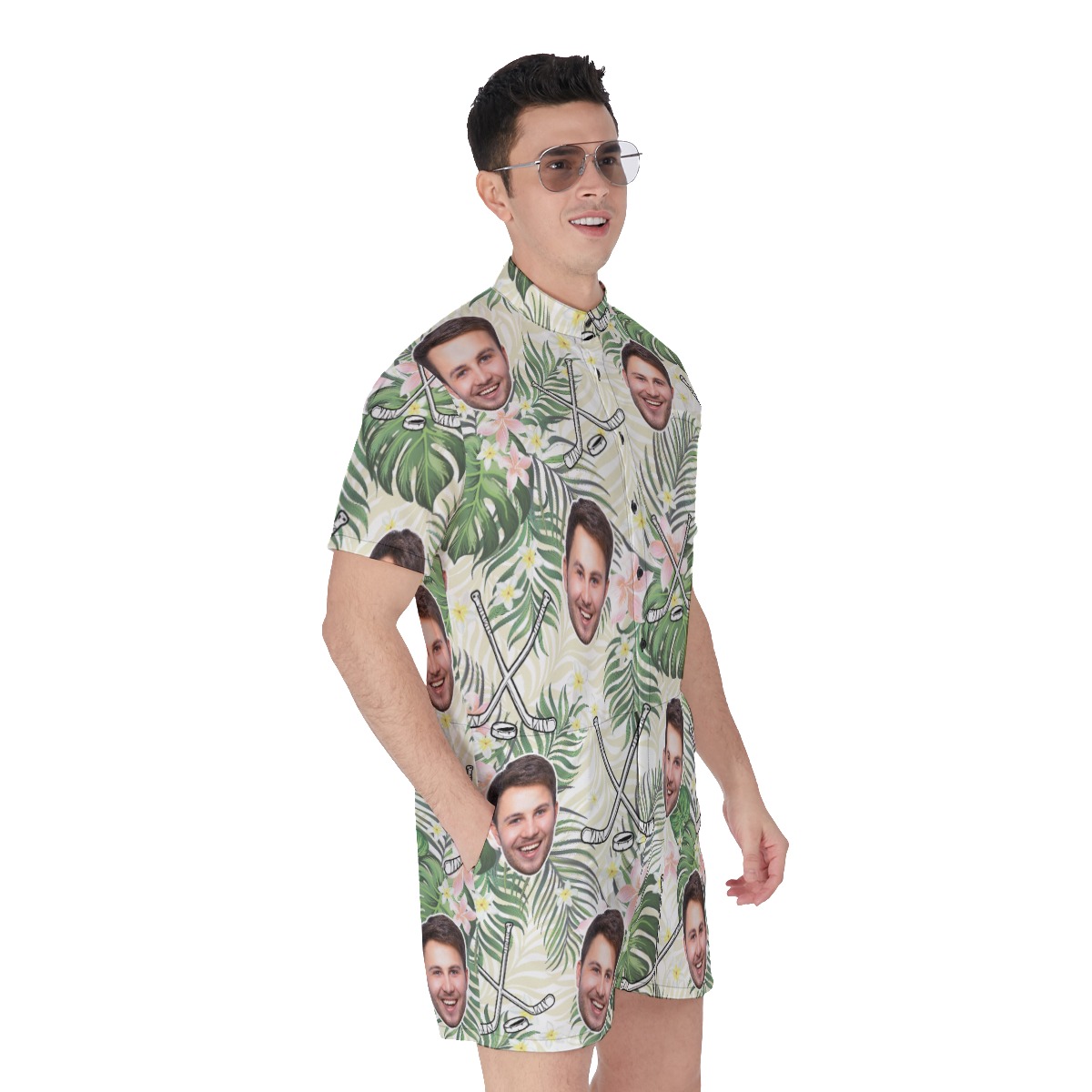 Funny Custom Face Hockey Floral Hawaiian Romper For Men