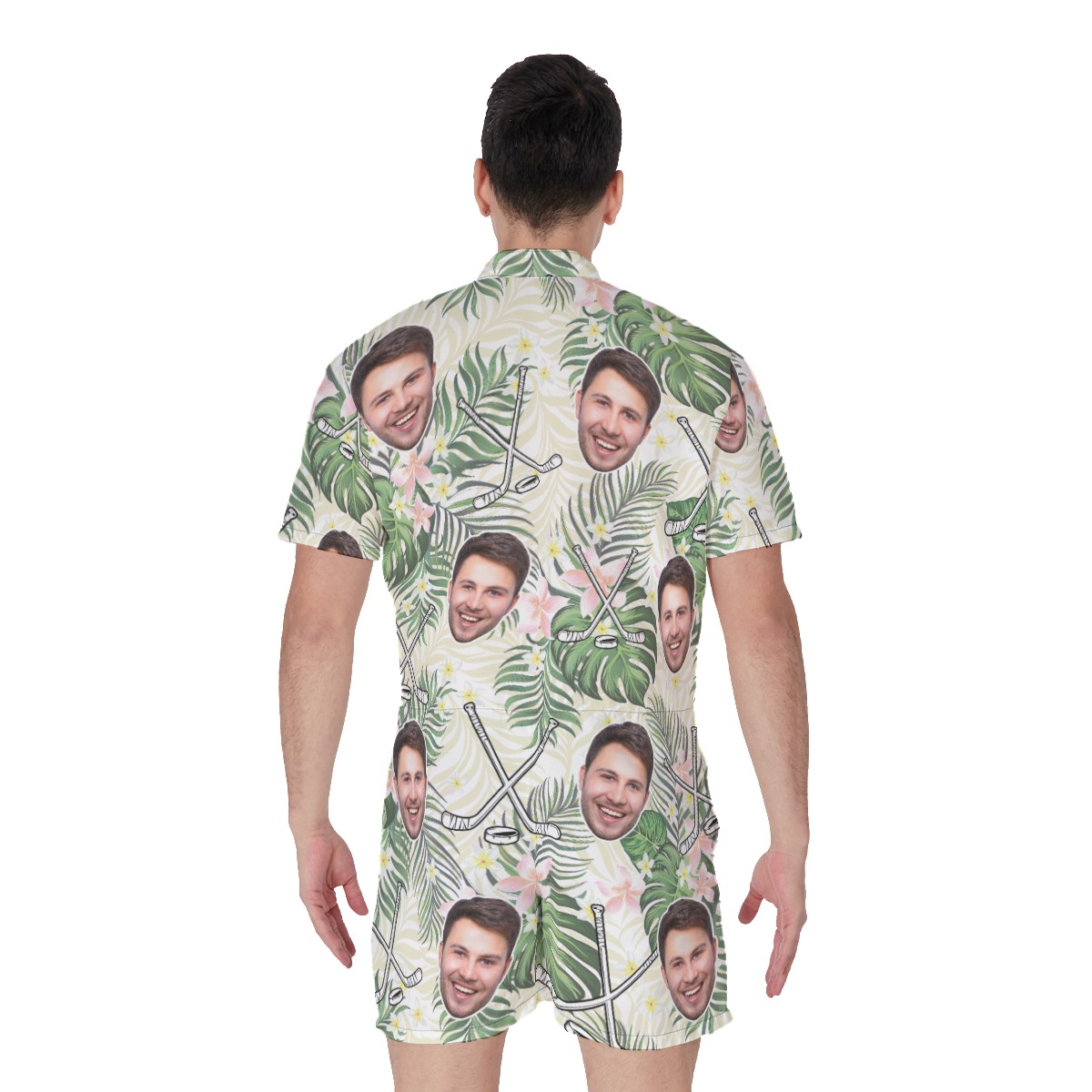 Funny Custom Face Hockey Floral Hawaiian Romper For Men