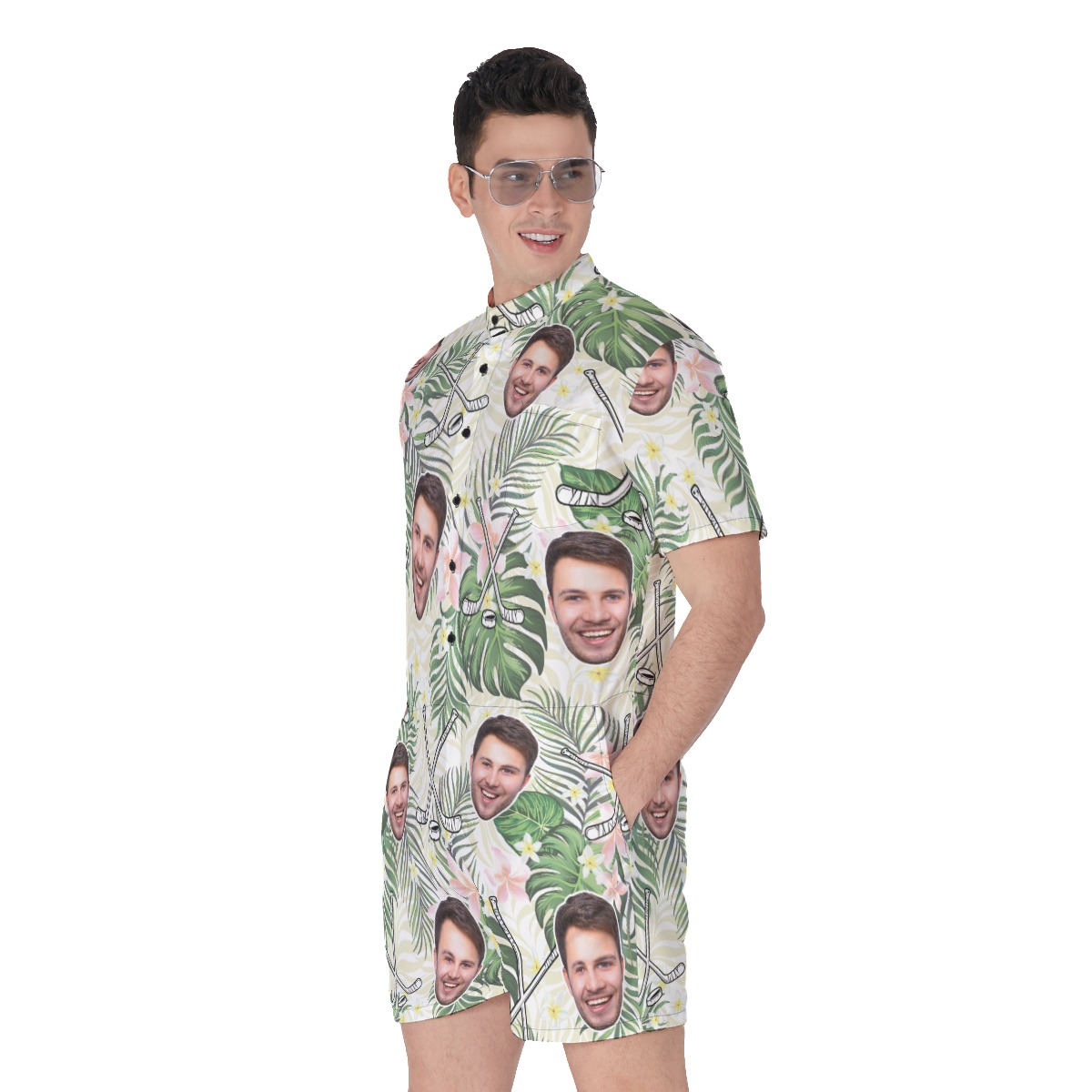 Funny Custom Face Hockey Floral Hawaiian Romper For Men
