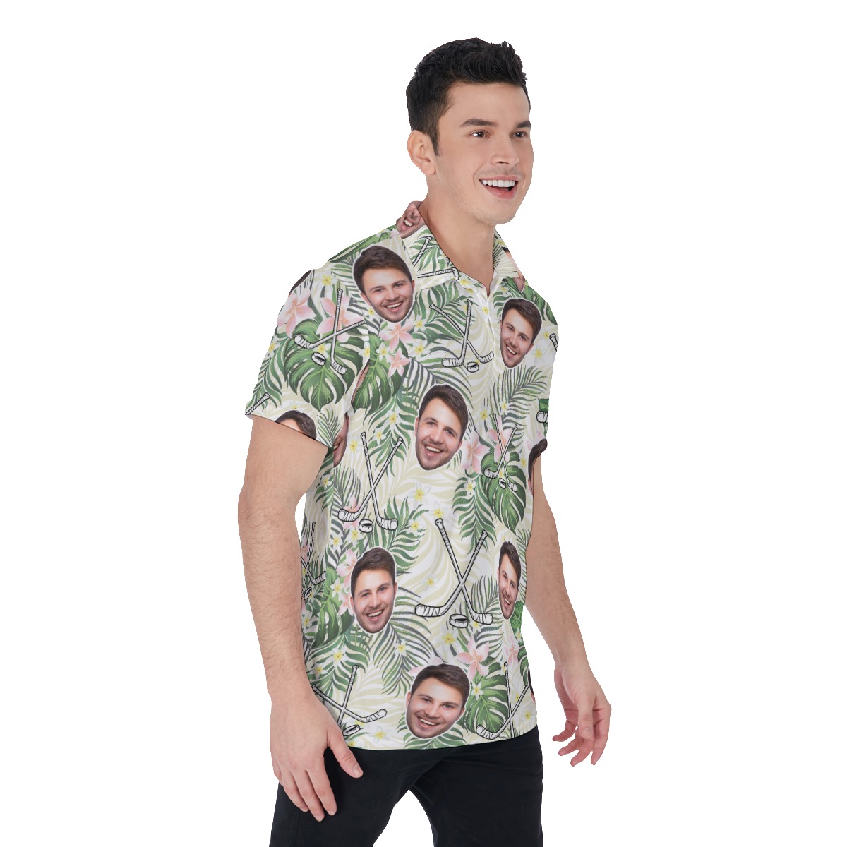 Funny Custom Face Hockey Floral Hawaiian Polo Shirt