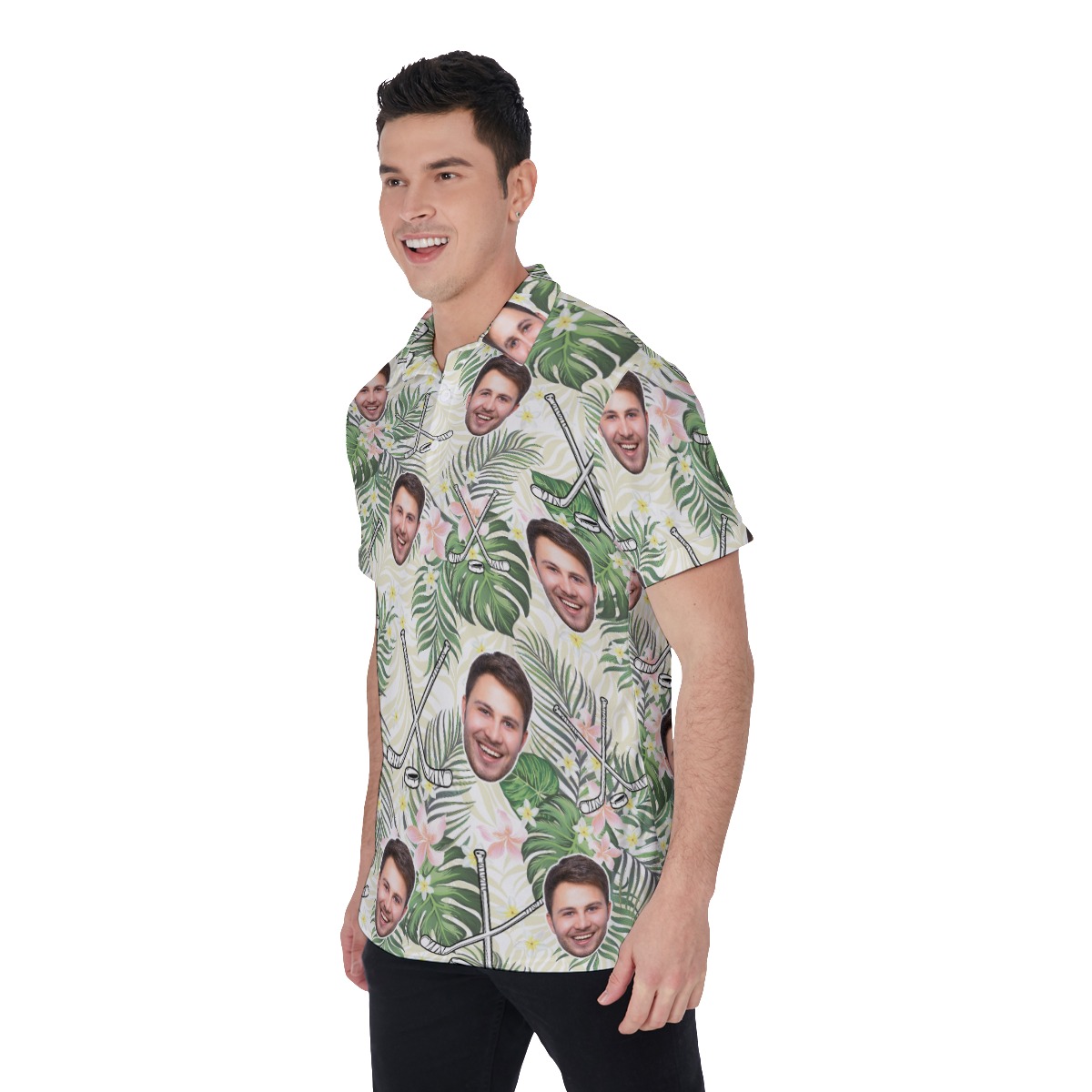 Funny Custom Face Hockey Floral Hawaiian Polo Shirt