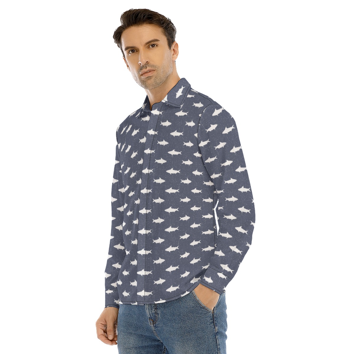 Shark Vintage Long Sleeve Hawaiian Shirt For Men