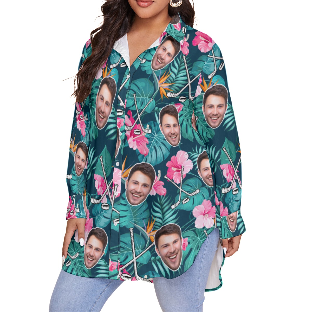 Funny Custom Face Hockey Floral Hawaiian Plus Size Shirt For Women