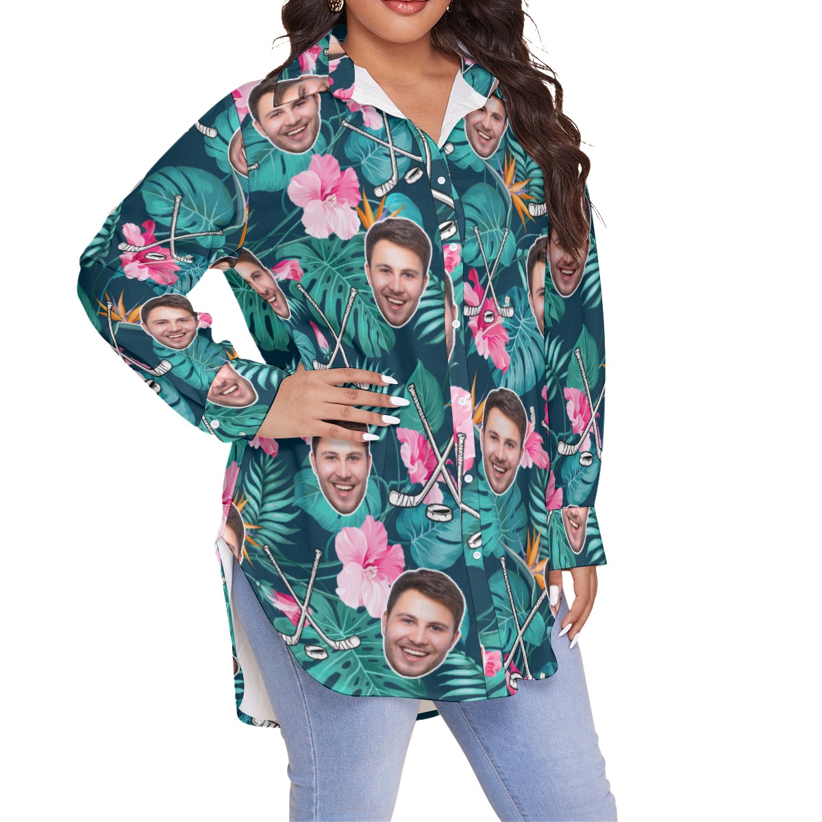 Funny Custom Face Hockey Floral Hawaiian Plus Size Shirt For Women