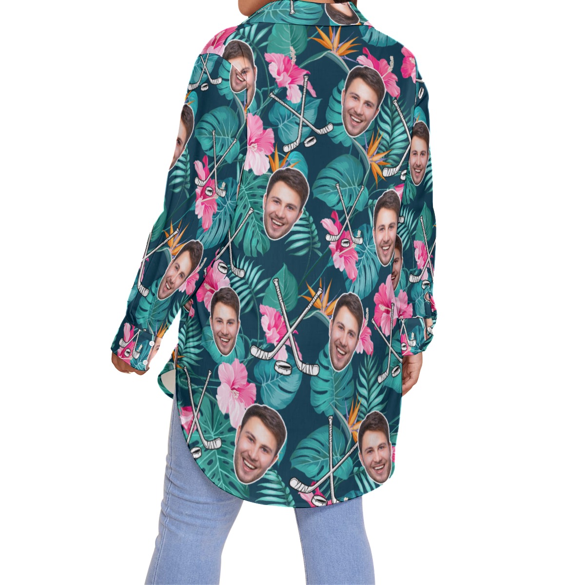Funny Custom Face Hockey Floral Hawaiian Plus Size Shirt For Women