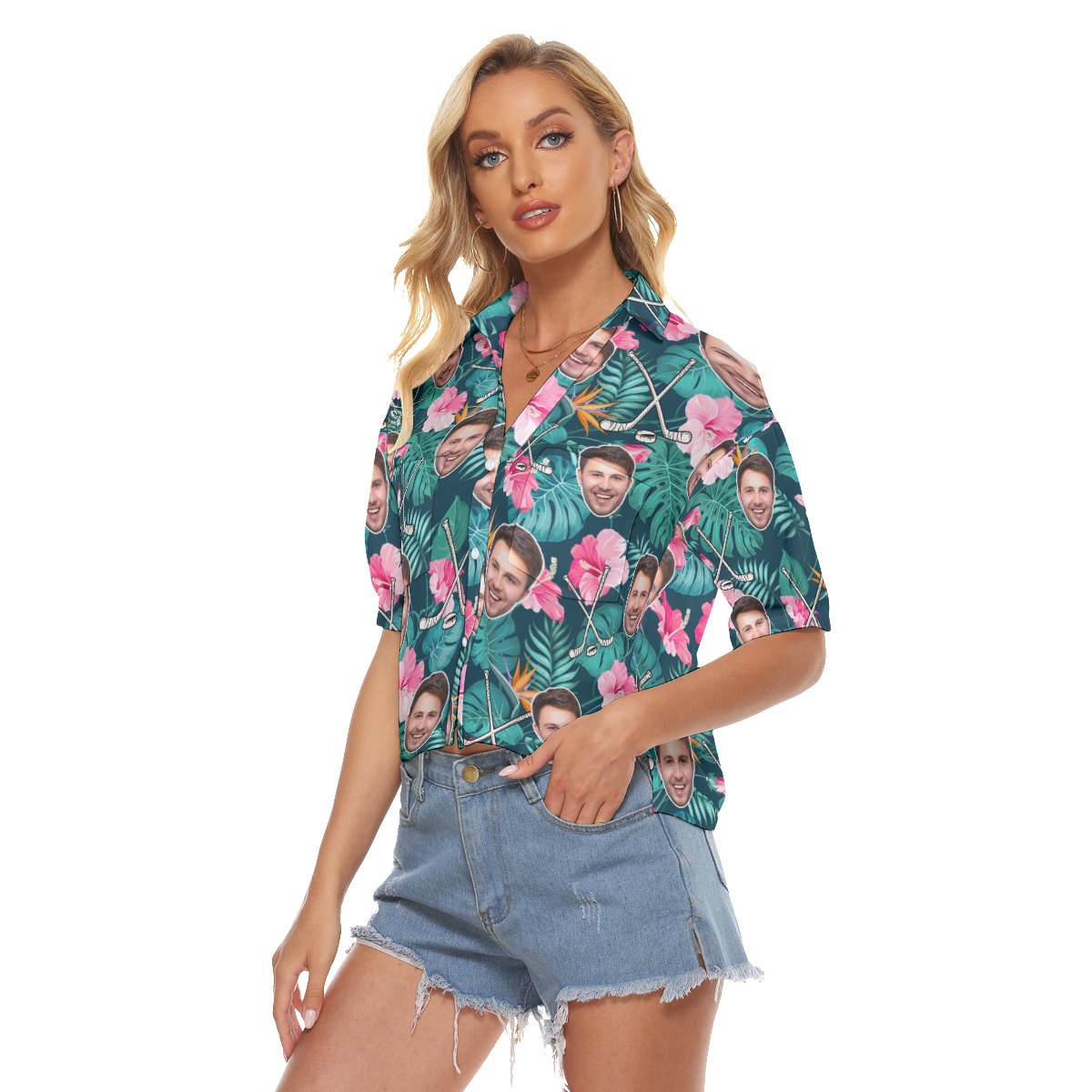 Tropical Hockey Custom Face Hawaiian Cropped Shirt For Women