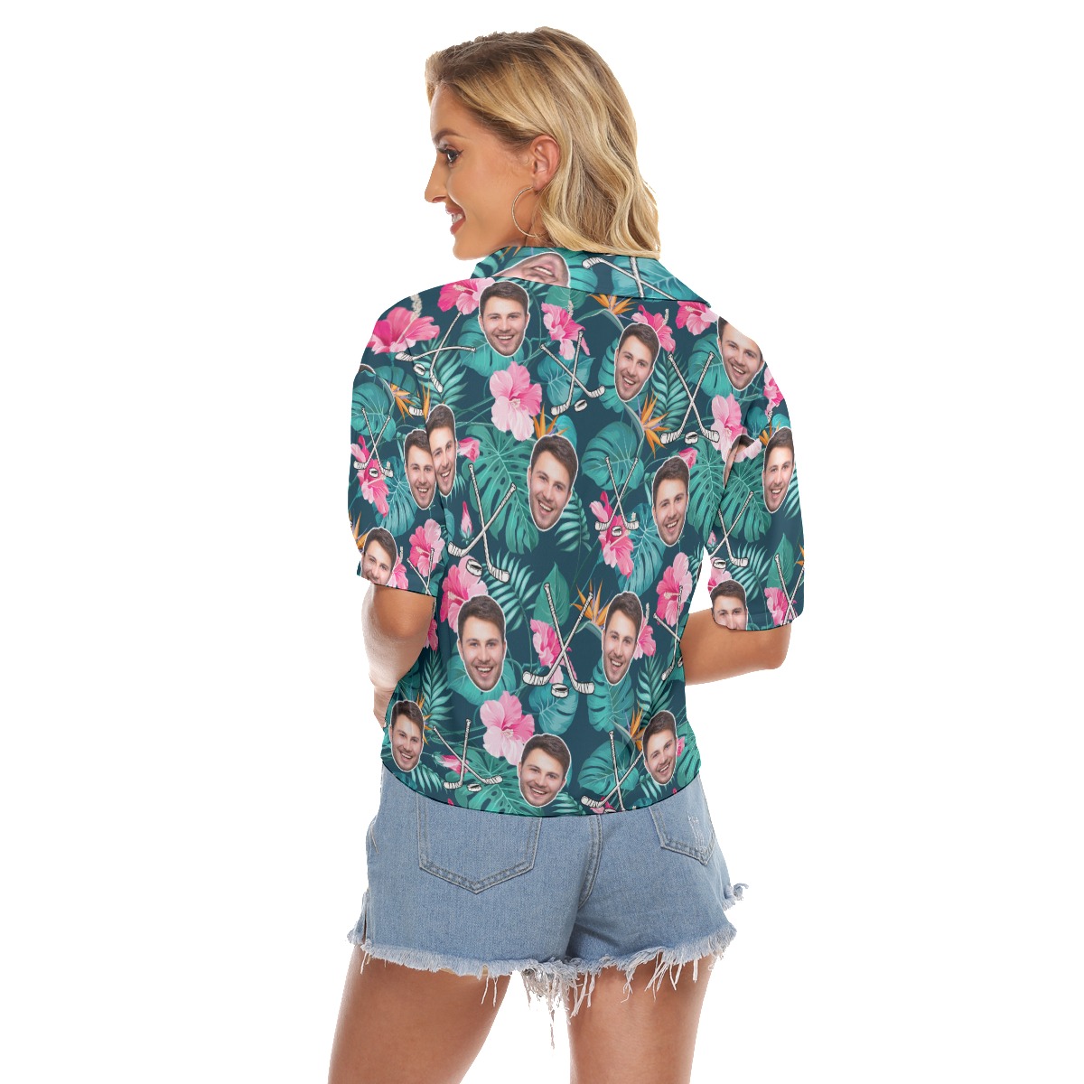 Tropical Hockey Custom Face Hawaiian Cropped Shirt For Women
