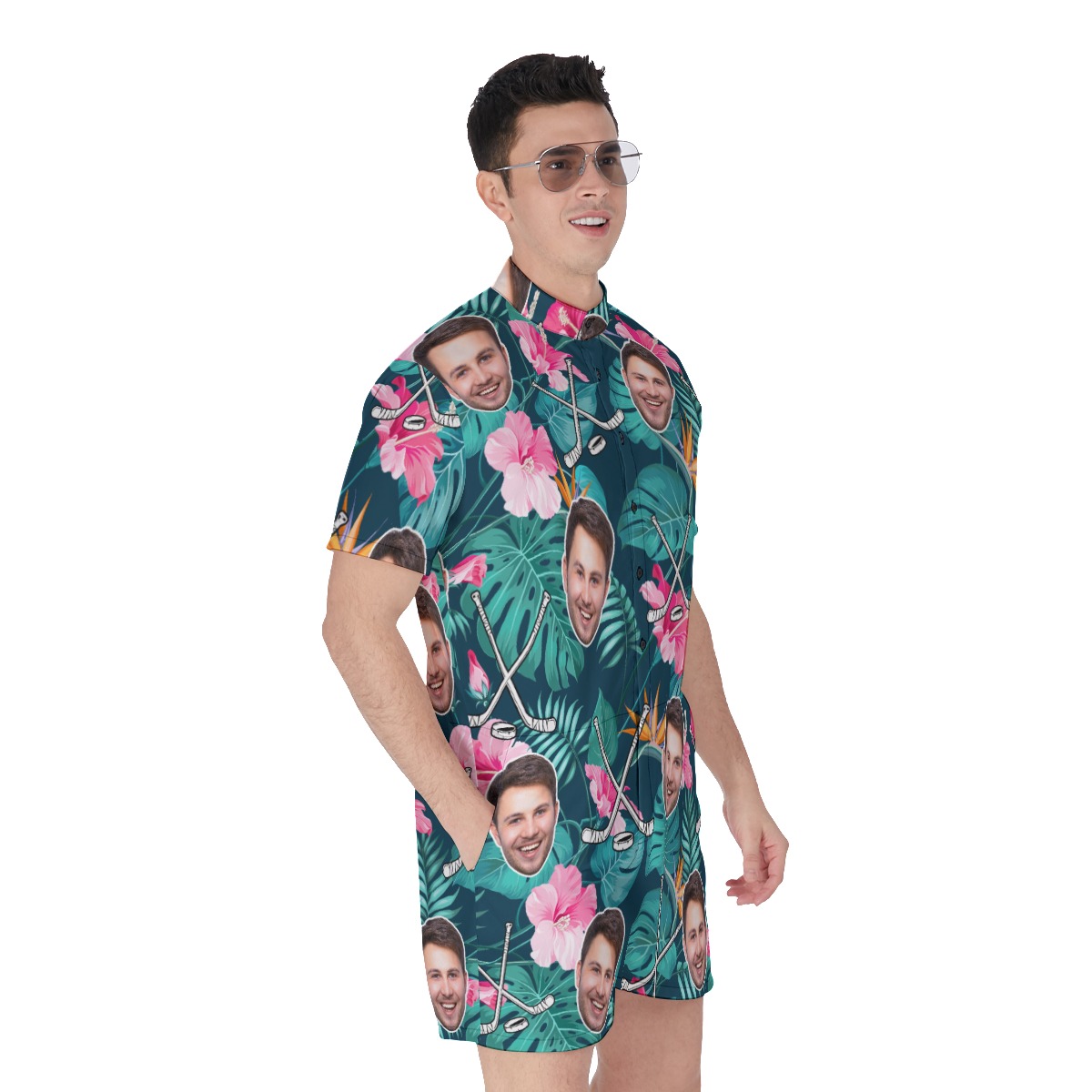 Custom Face Hockey Floral Men's Hawaiian Romper