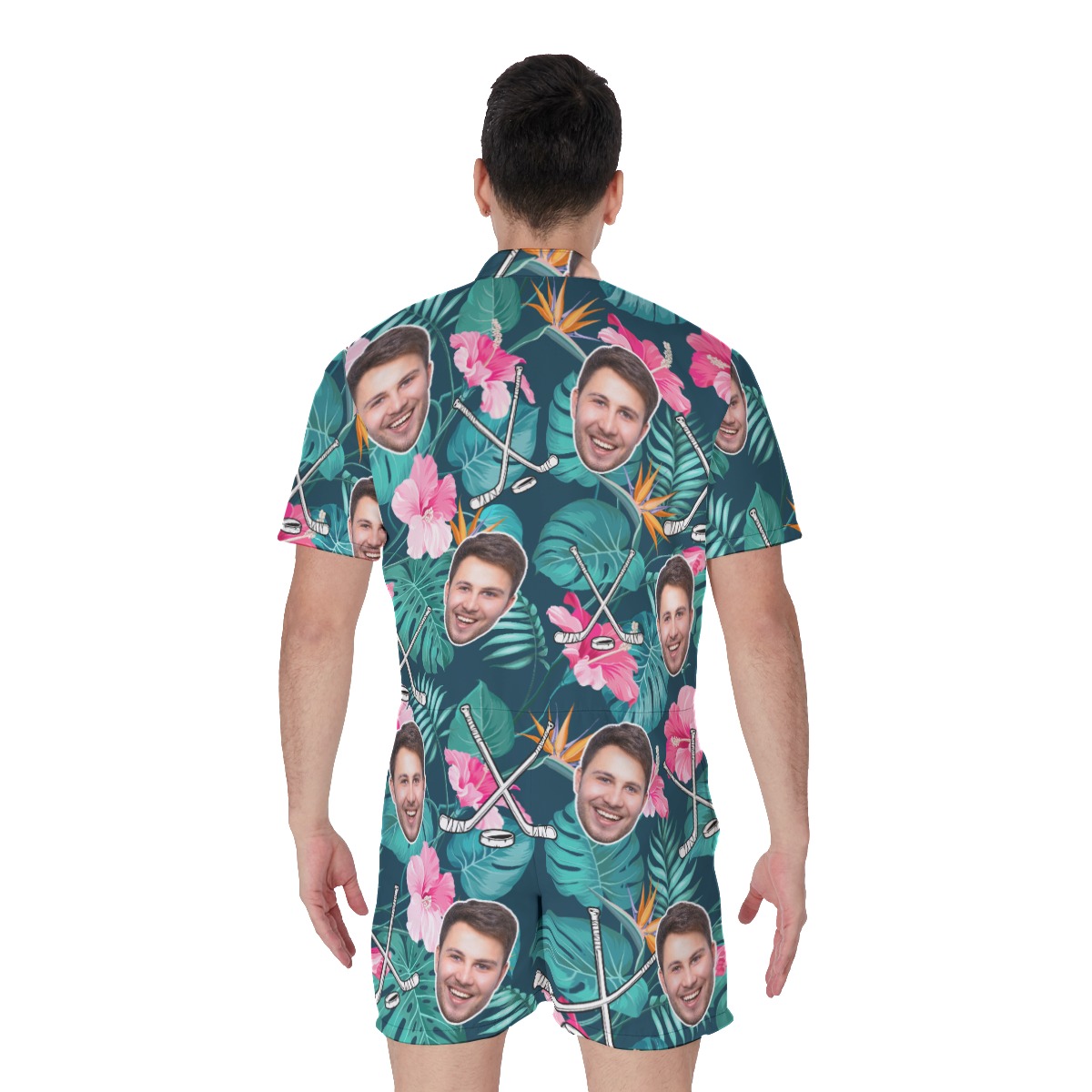 Custom Face Hockey Floral Men's Hawaiian Romper