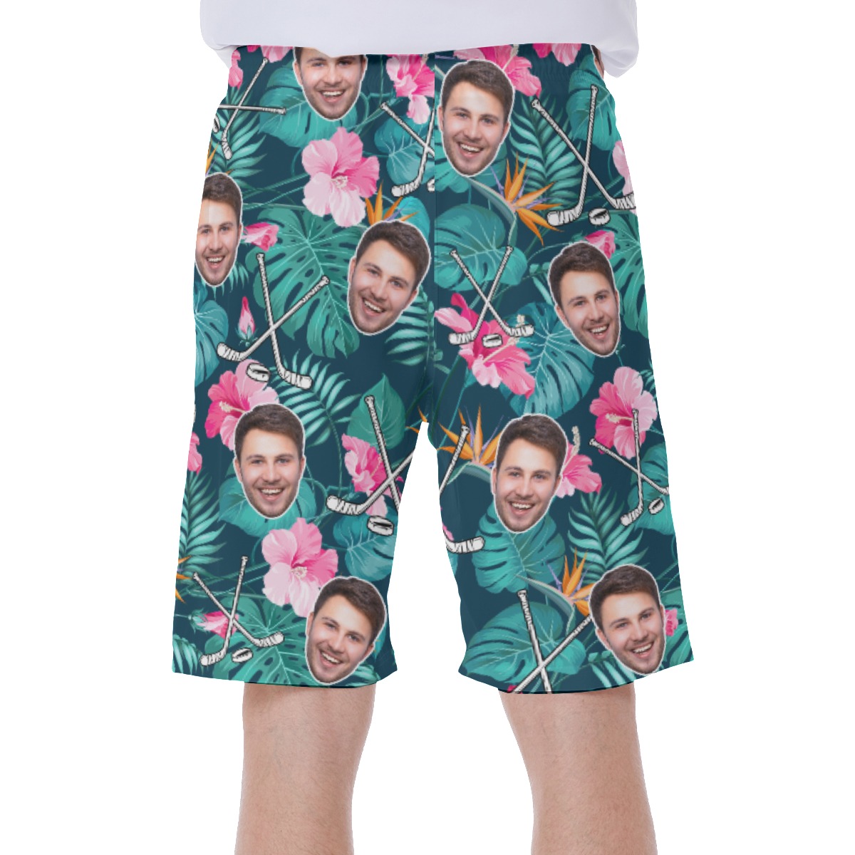 Personalized Hockey Floral Hawaiian Swim Trunks With Face