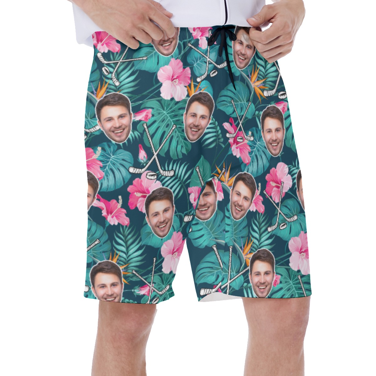 Personalized Hockey Floral Hawaiian Swim Trunks With Face