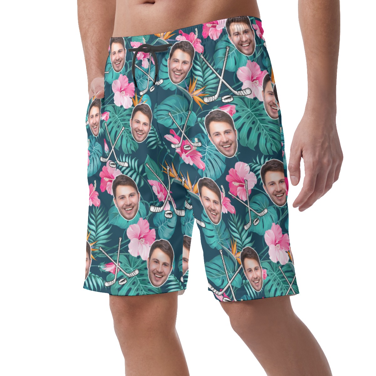 Custom Face Hockey Tropical Hawaiian Summer Beach Shorts For Men