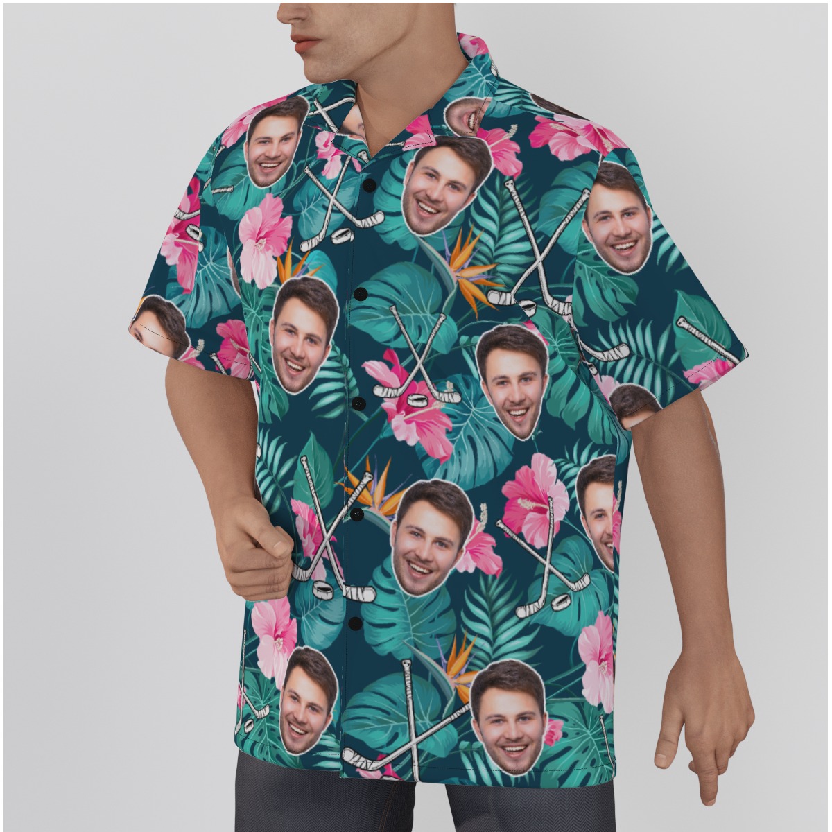 Custom Face Hockey Floral Hawaiian Shirt For Men