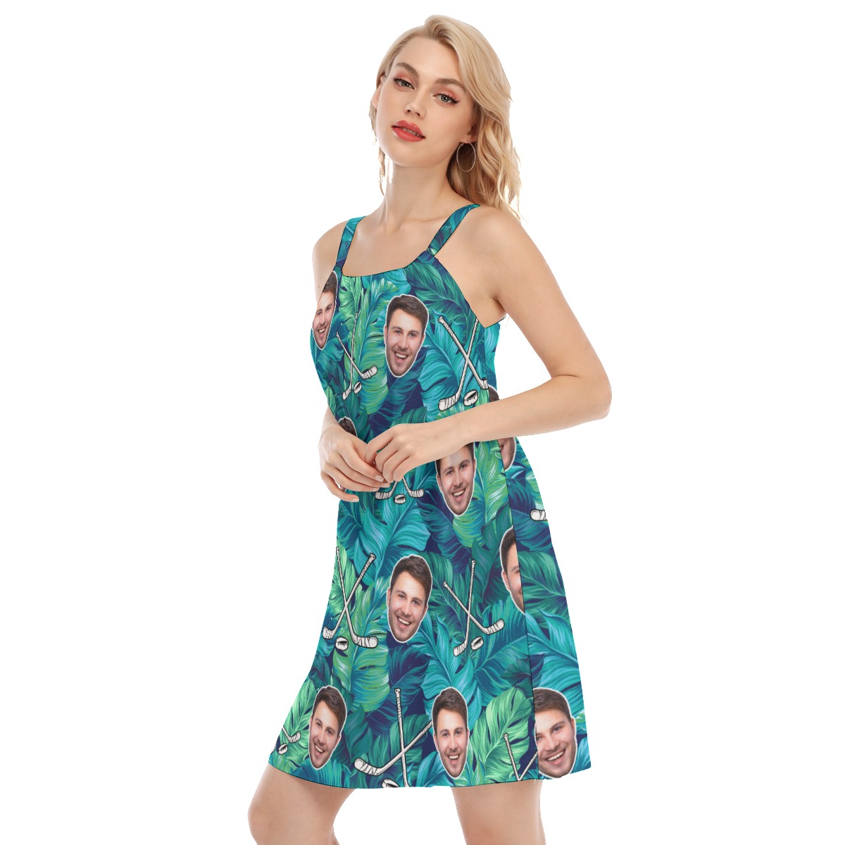 Funny Custom Face Tropical Leave Hockey Aloha Cami Dress