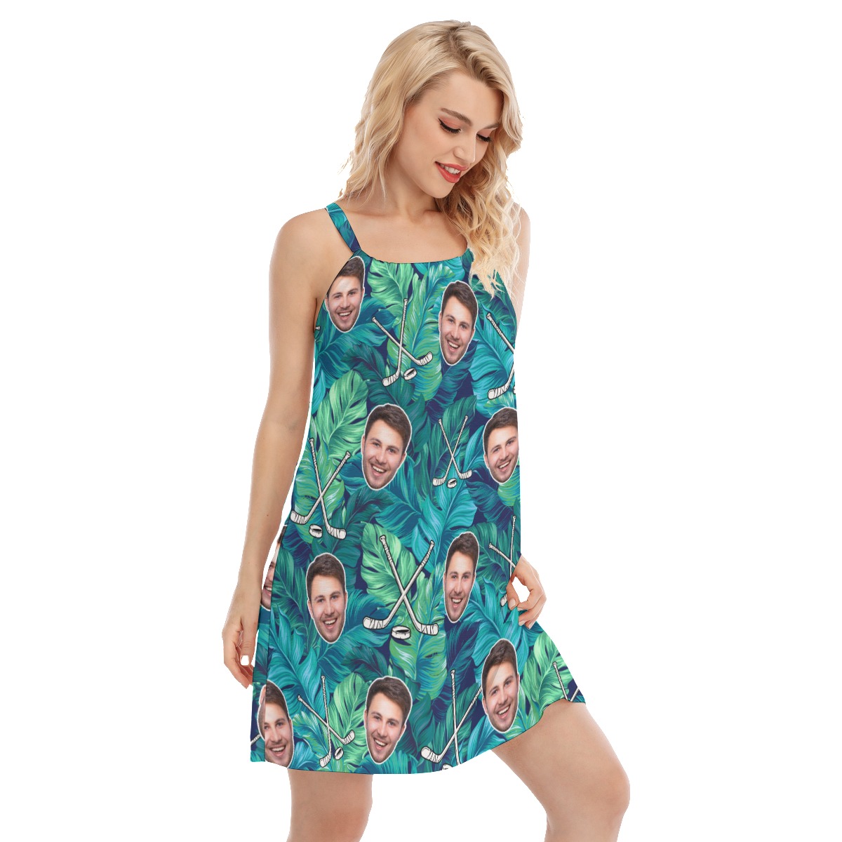 Funny Custom Face Tropical Leave Hockey Aloha Cami Dress