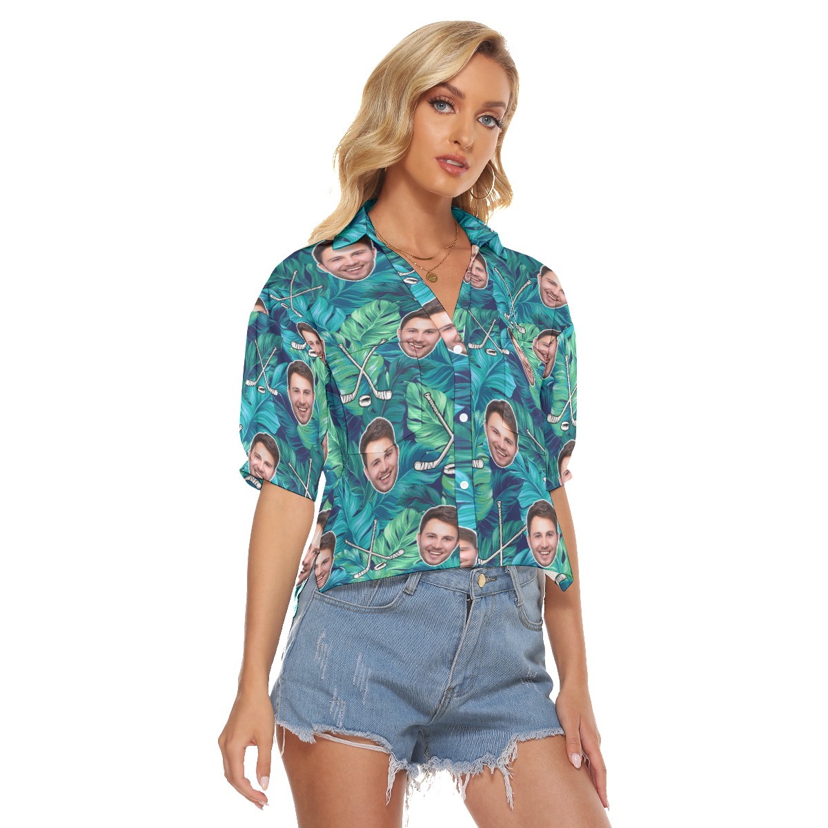 Tropical Leave Hockey Custom Face Hawaiian Crop Top Shirt