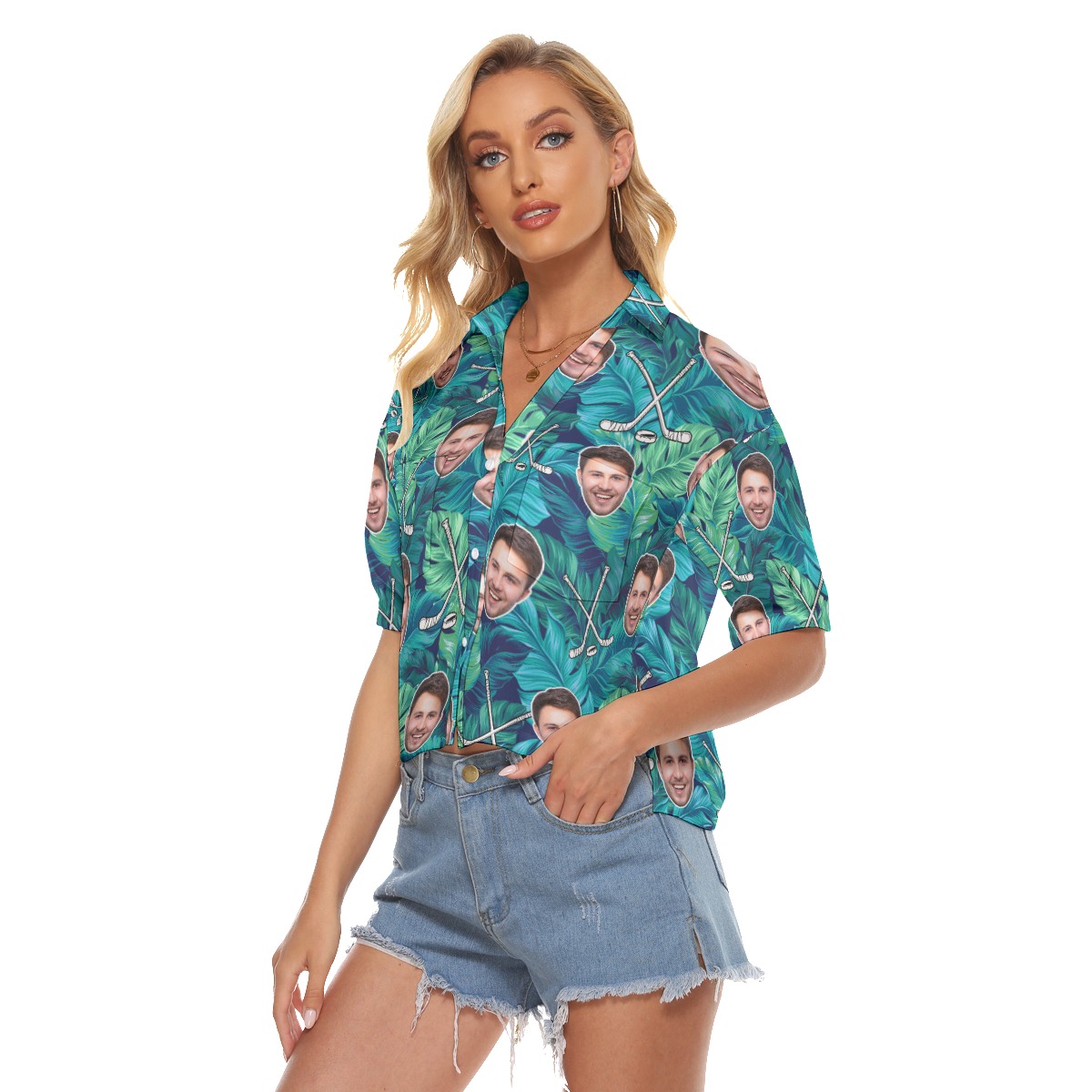 Tropical Leave Hockey Custom Face Hawaiian Crop Top Shirt