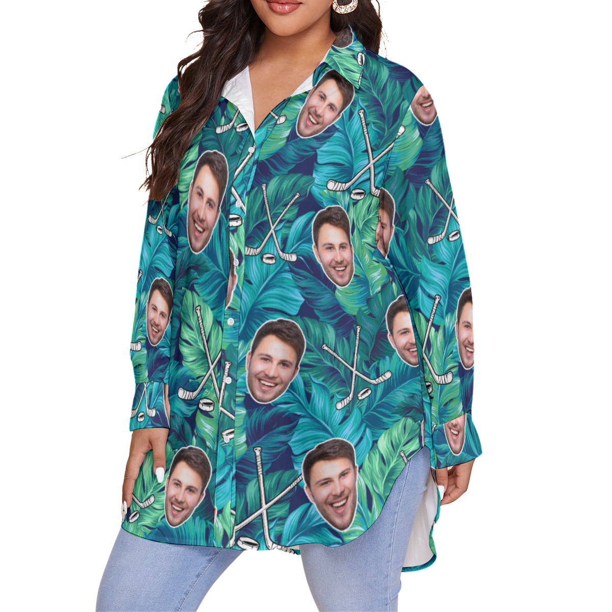 Customized Hockey Tropical Leave Hawaiian Plus Size Shirt With Face