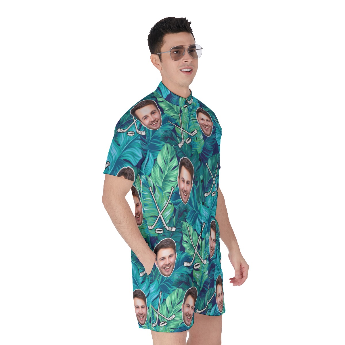 Custom Face Tropical Leave Hockey Men's Hawaiian Romper