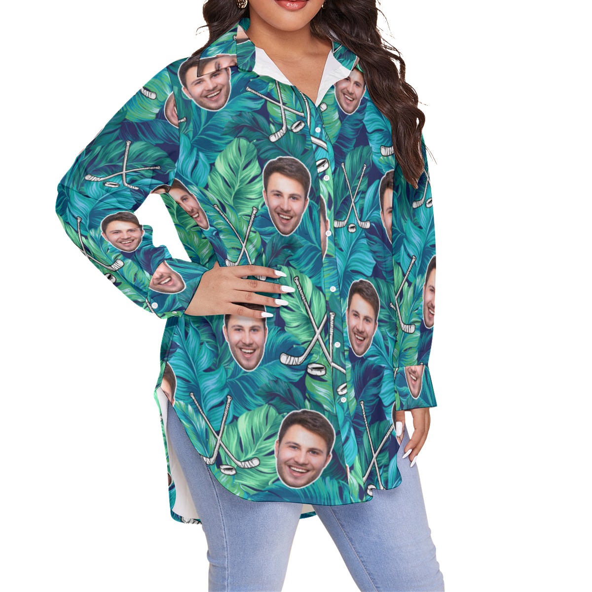 Customized Hockey Tropical Leave Hawaiian Plus Size Shirt With Face