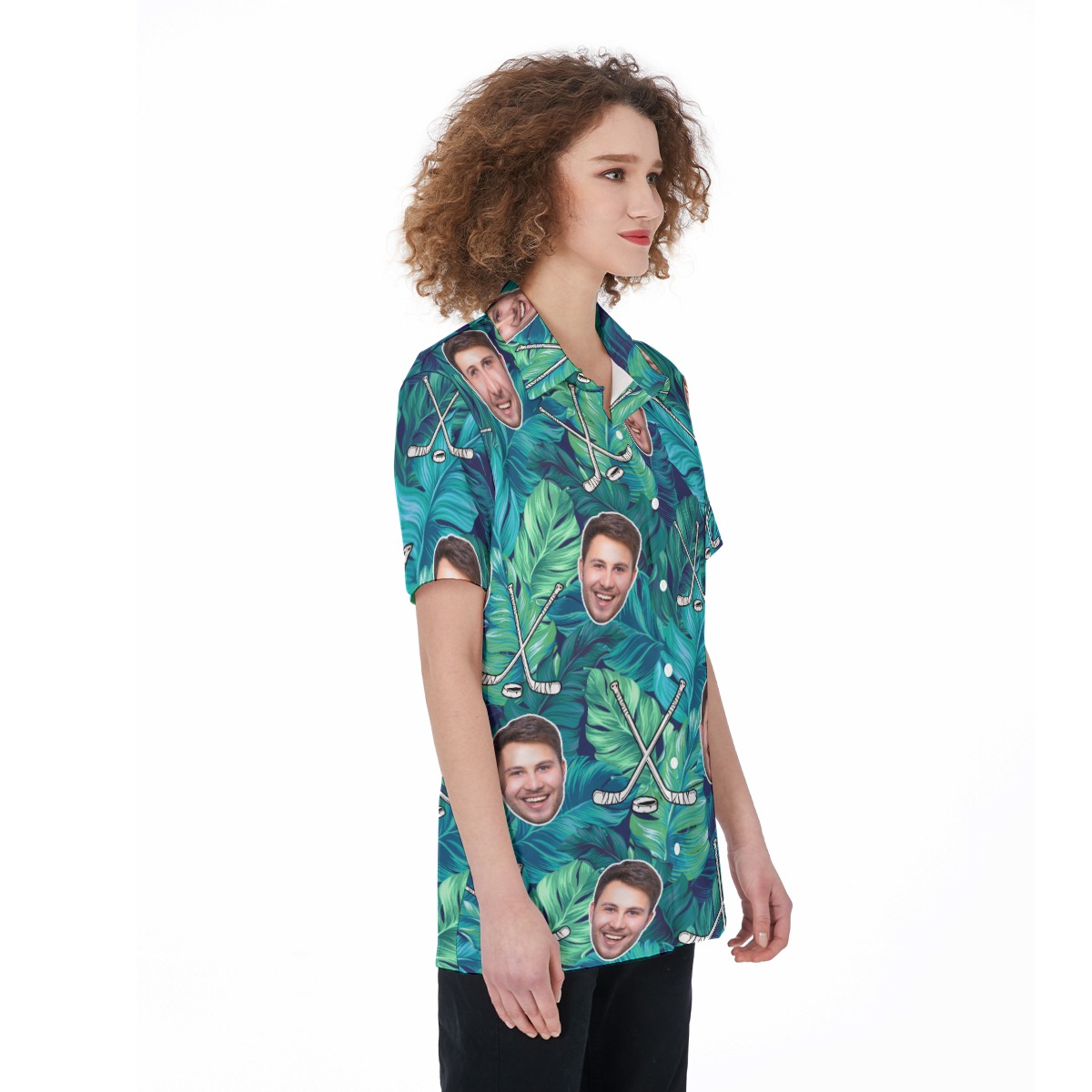 Funny Custom Face Tropical Leave Hockey Hawaiian Shirt For Women