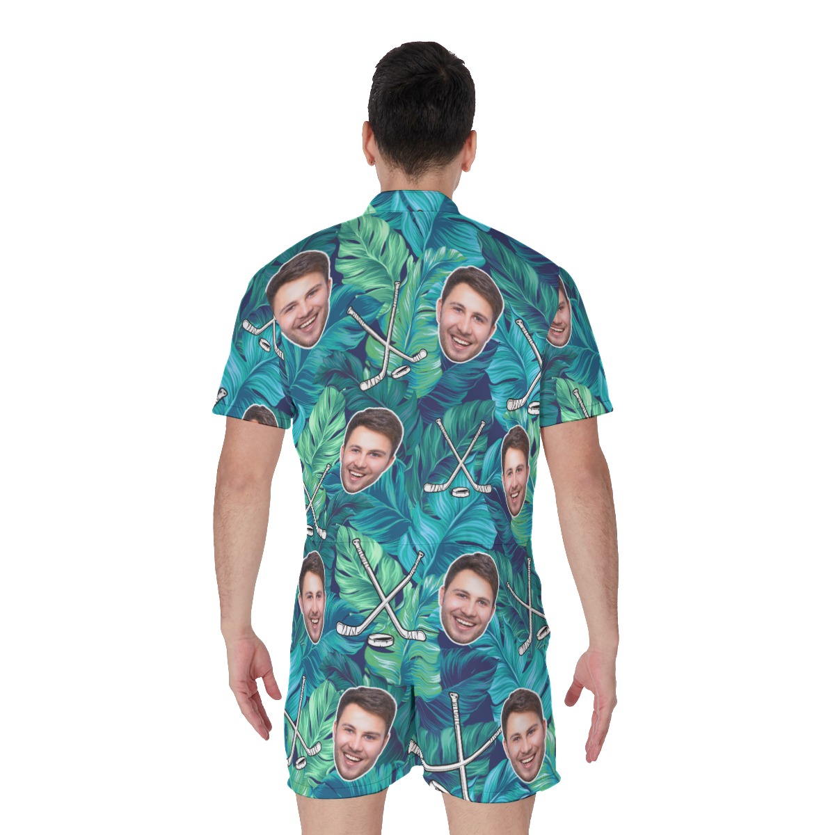 Custom Face Tropical Leave Hockey Men's Hawaiian Romper
