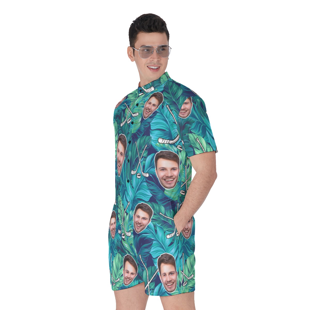 Custom Face Tropical Leave Hockey Men's Hawaiian Romper