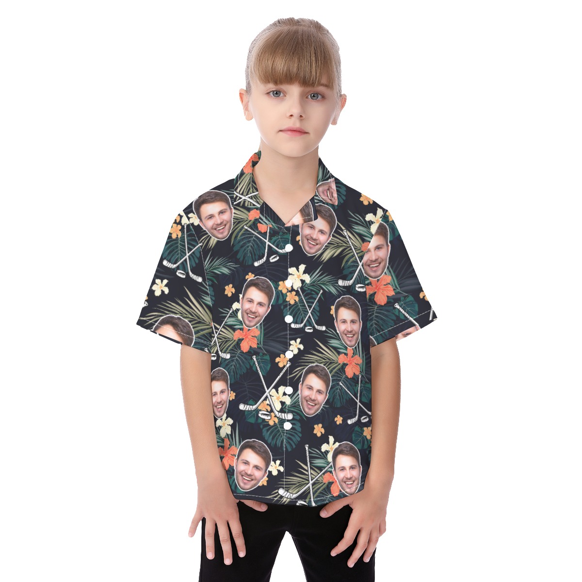 Funny Custom Face Hockey Tropical Hawaiian Shirt For Kids - variant image 1