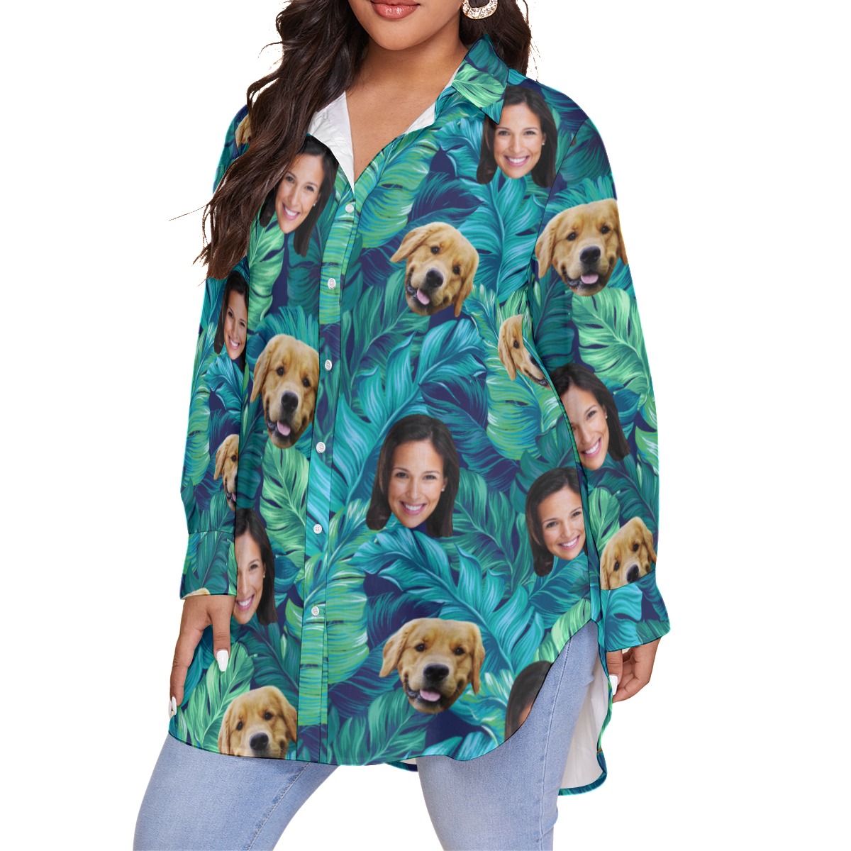Women's Funny Face And Dog Custom Hawaiian Plus Size Shirt - variant image 1