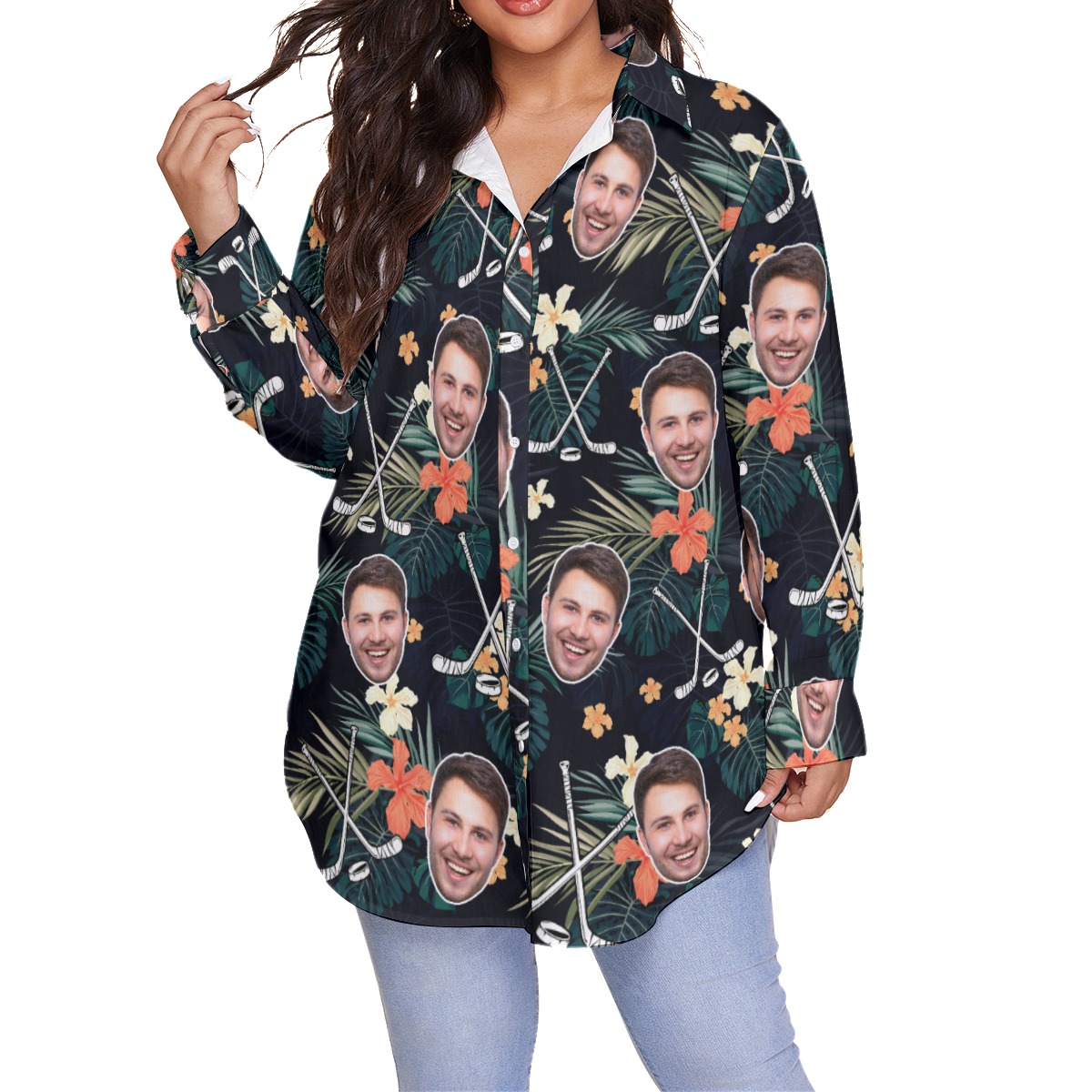Personalized Floral Hockey Hawaiian Oversized Shirt With Face - variant image 1