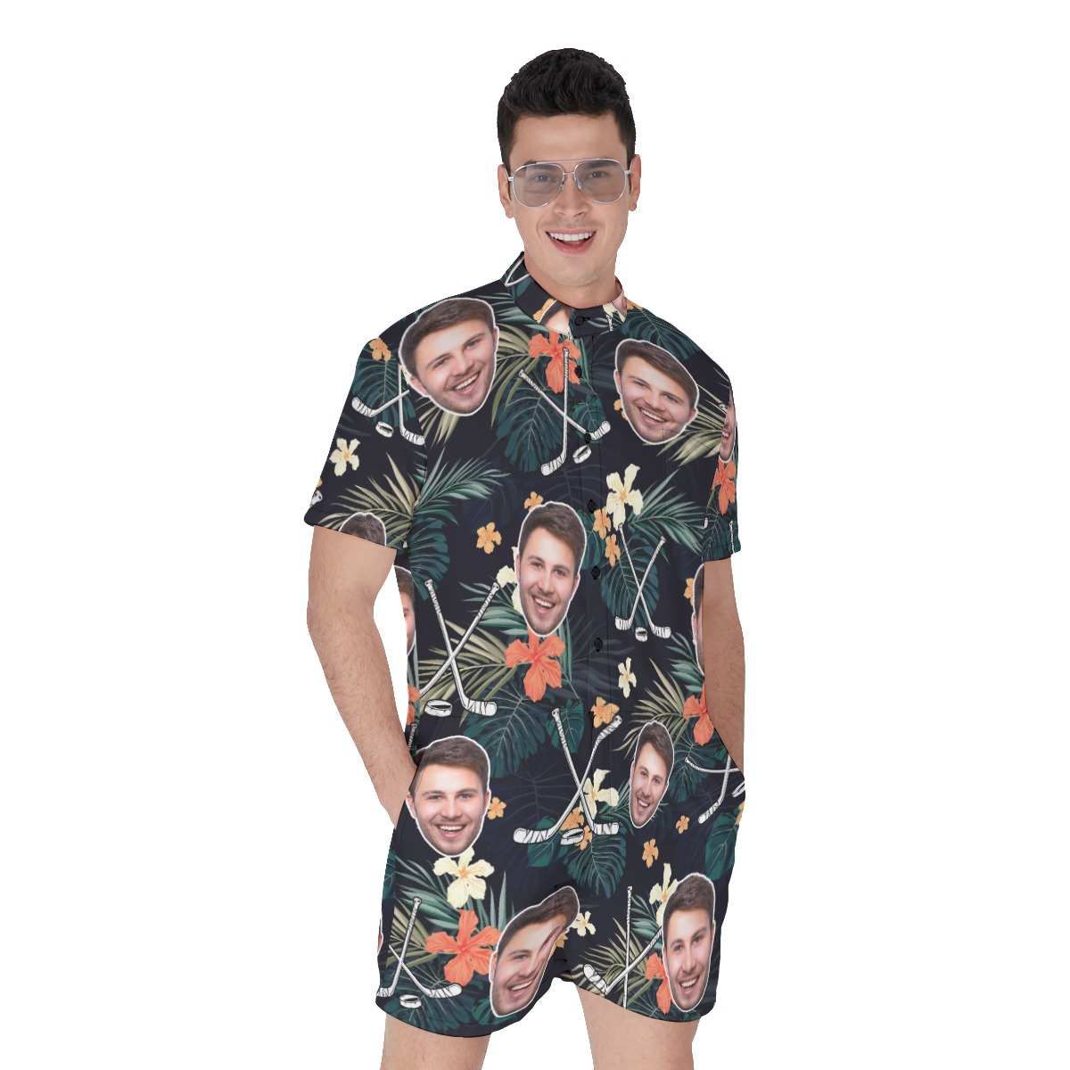 Customized Tropical Hockey Hawaiian Romper With Face - variant image 1