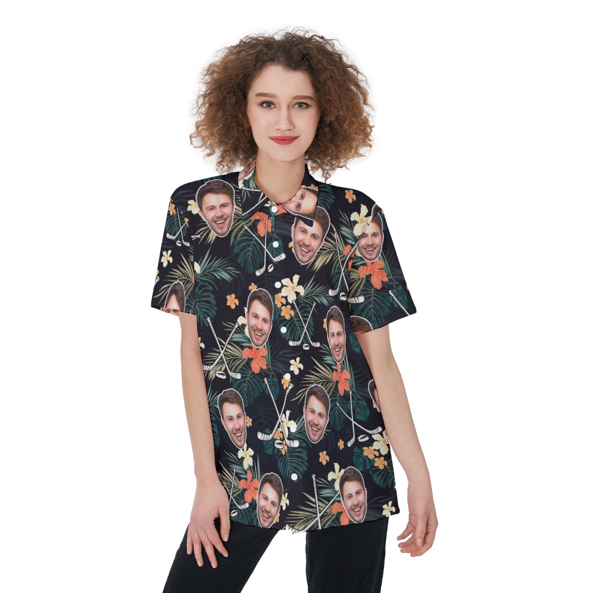 Funny Custom Face Tropical Hockey Hawaiian Shirt For Women - variant image 1
