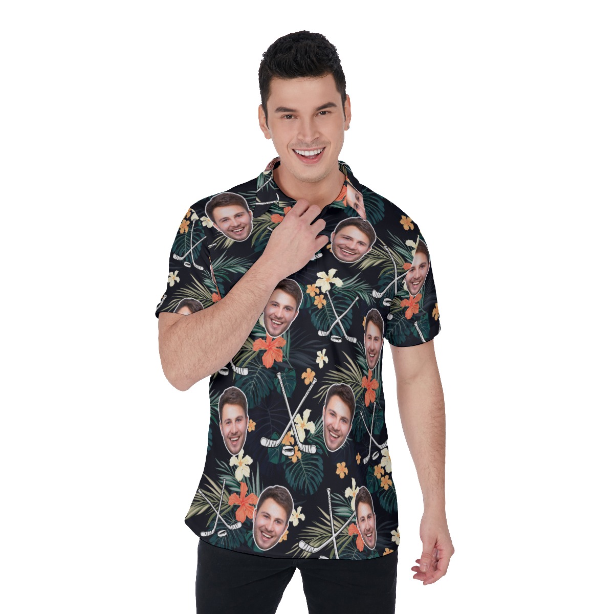 Customize Tropical Hockey Hawaiian Polo Shirt With Face - variant image 1