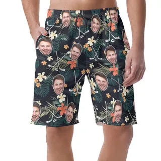 Funny Custom Face Tropical Hockey Hawaiian Beach Shorts For Men