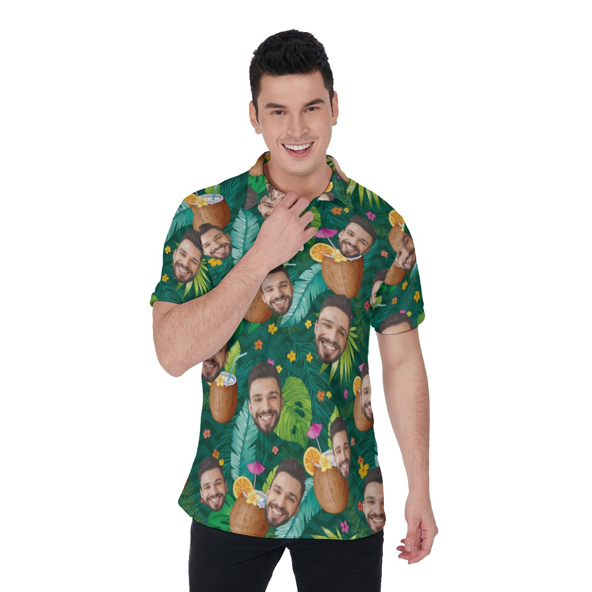 Tropical Coconut Drinking Men's Polo Shirt With Custom Face - variant image 1